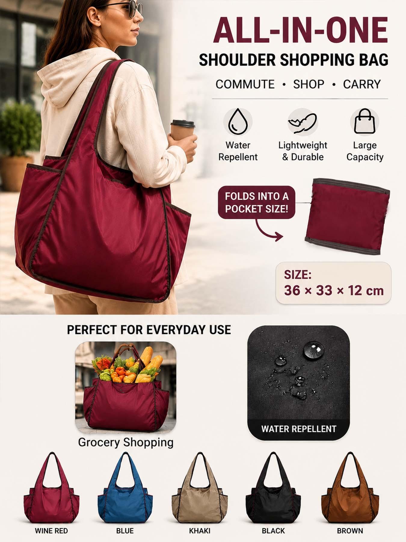 Foldable Nylon Tote Bag with Dual Pockets, Waterproof Soft Shoulder Bag for Women, Lightweight Shopping Bag, Large Capacity Daily Use, Multiple Colors Available