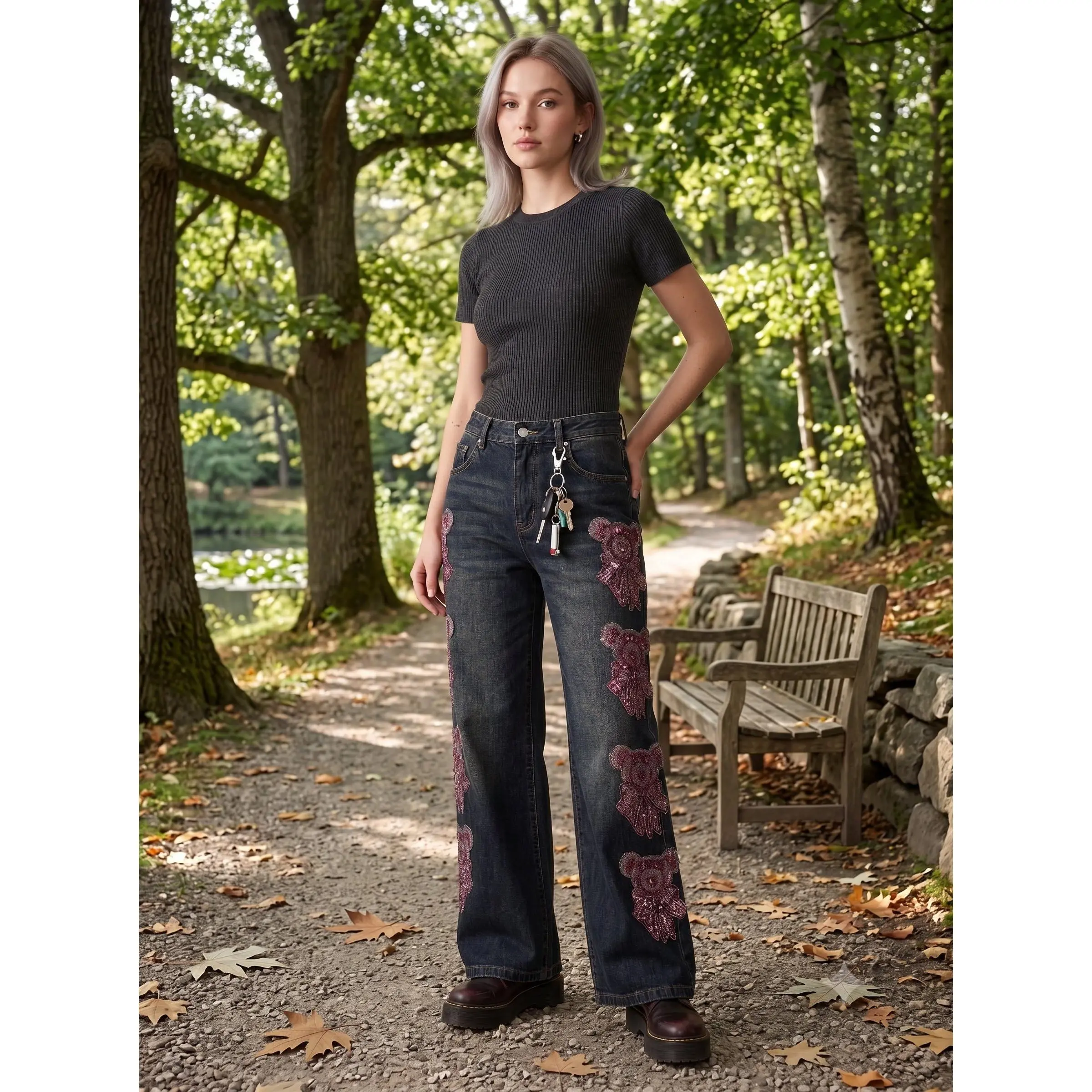 TCH - K Y2K Cute Teddy Bear 【B】Graphic Sequin Jeans Women High Waisted Sparkle Patchwork Straight Denim Pants Aesthetic Harajuku Streetwear Outfit