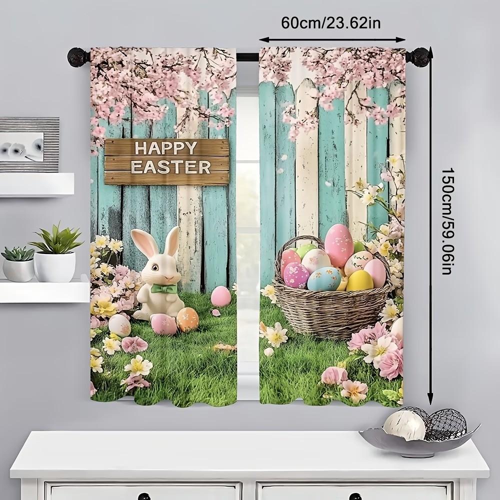 2-piece set of spring Easter pastoral rabbit Easter egg curtains, living room and bedroom decorative curtains, semi transparent polyester fabric, preferred for children's room curtains, year-round home decoration