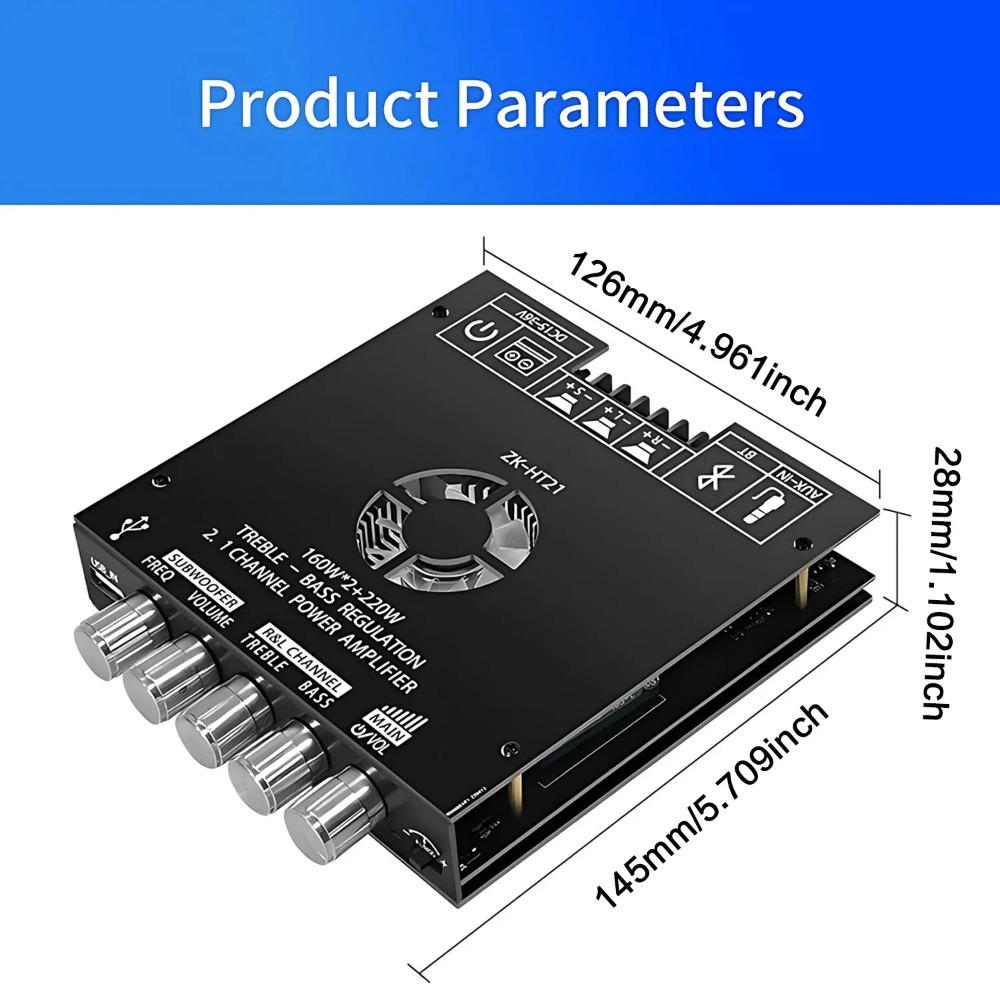 2.1CH 160W+220W Bluetooth 5.0 Audio Amplifier Board with USB/AUX Input, Adjustable Bass Treble Control, 15-36V DC Power for DIY Stereo Upgrade, Supports Subwoofer.