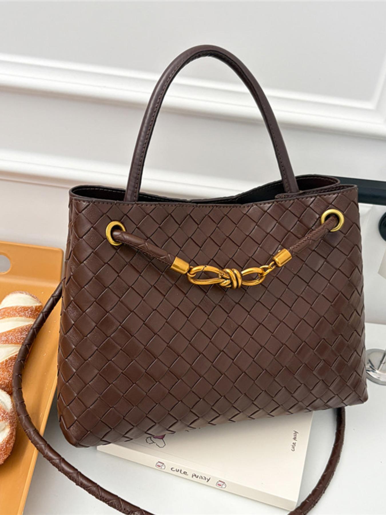 Women's Leather Woven Handbag, Fashion Durable Crossbody Tote Bag, Multi-Functional Clutch Purse, Beach Vacation Phone Case, Travel Daily Use