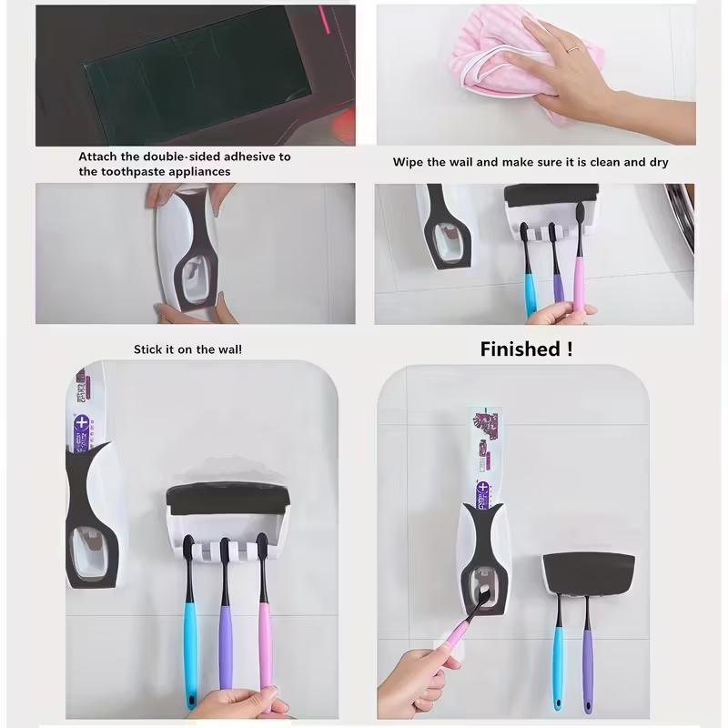 Automatic Toothpaste Dispenser + Brush Holder, Creative Wall-Mounted Toothbrush Rack, No-Drill Bathroom Organizer Set, Toothbrush Holders