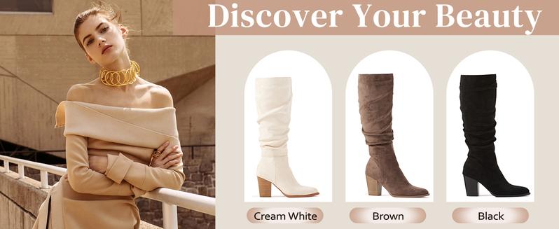 Women's Pointed Toe Knee High Boots Faux Suede Slouch Boots with Chunky Heel