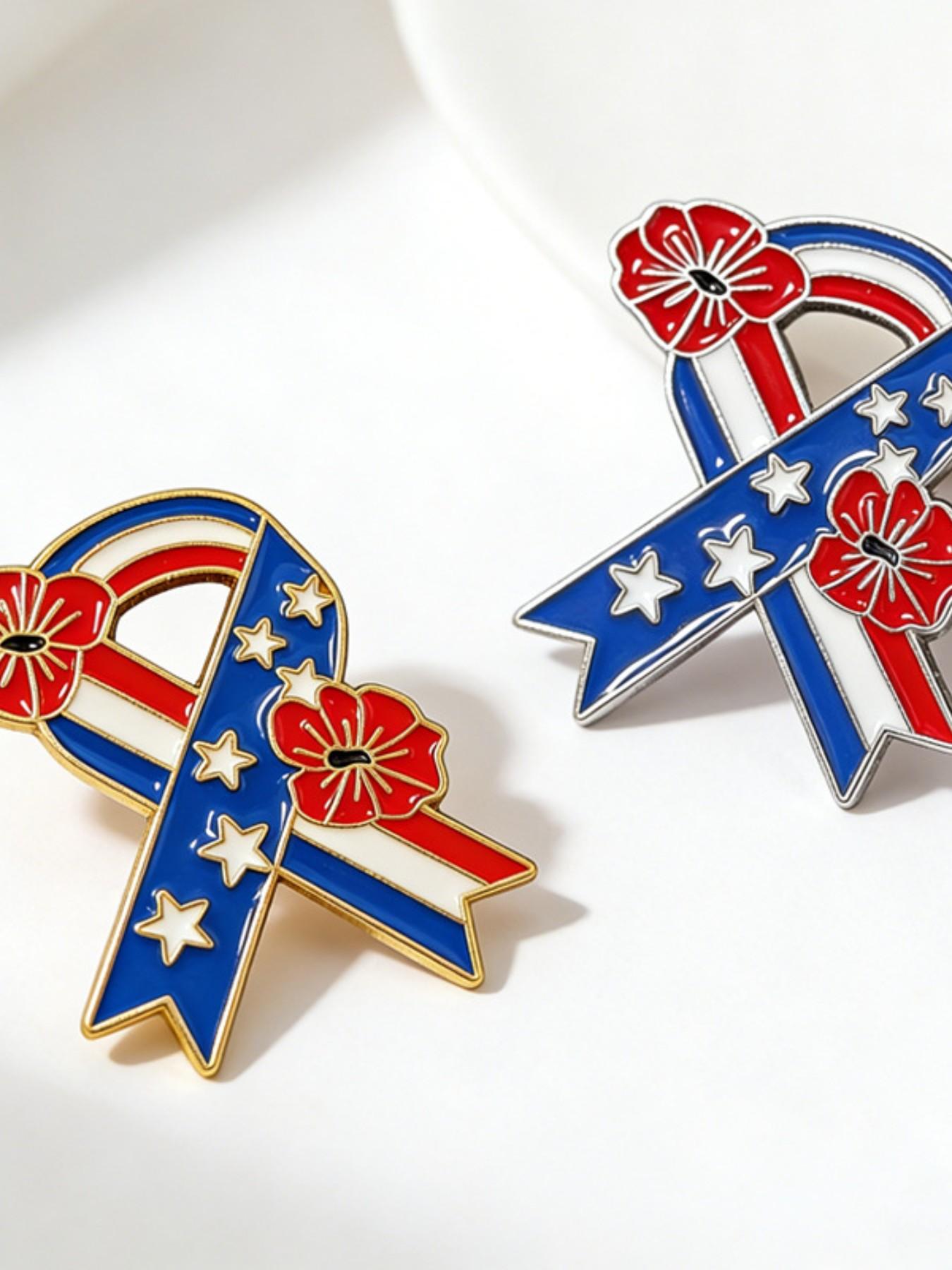 2pcs American Independence Day Flower Ribbon Brooches, Star-Spangled Fashion Pin, Memorial Accessory, Versatile Gift Item
