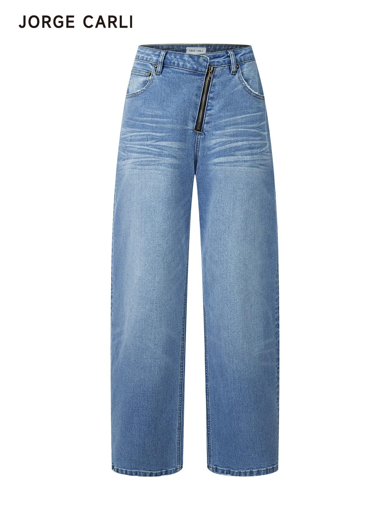 JORGE CARLI  Women's Mid-Waist Elastic Straight Leg Jeans, Front Zipper Design, Casual Office Wear, Versatile Nine-Part Wide Leg Pants