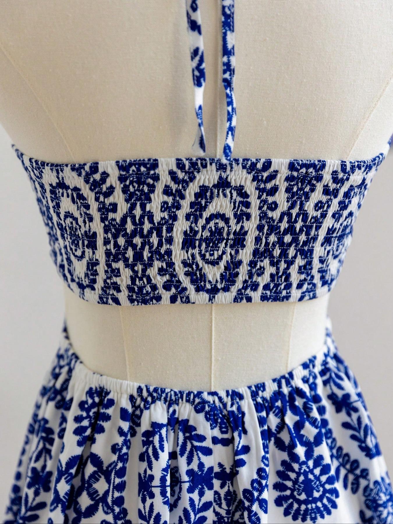 Women's Boho Vacation printed pattern Sexy Halter Drawstring Hollow Waist Dress, Suitable For Beach, Music Festival, Hippie, Party, Date, Afternoon Tea