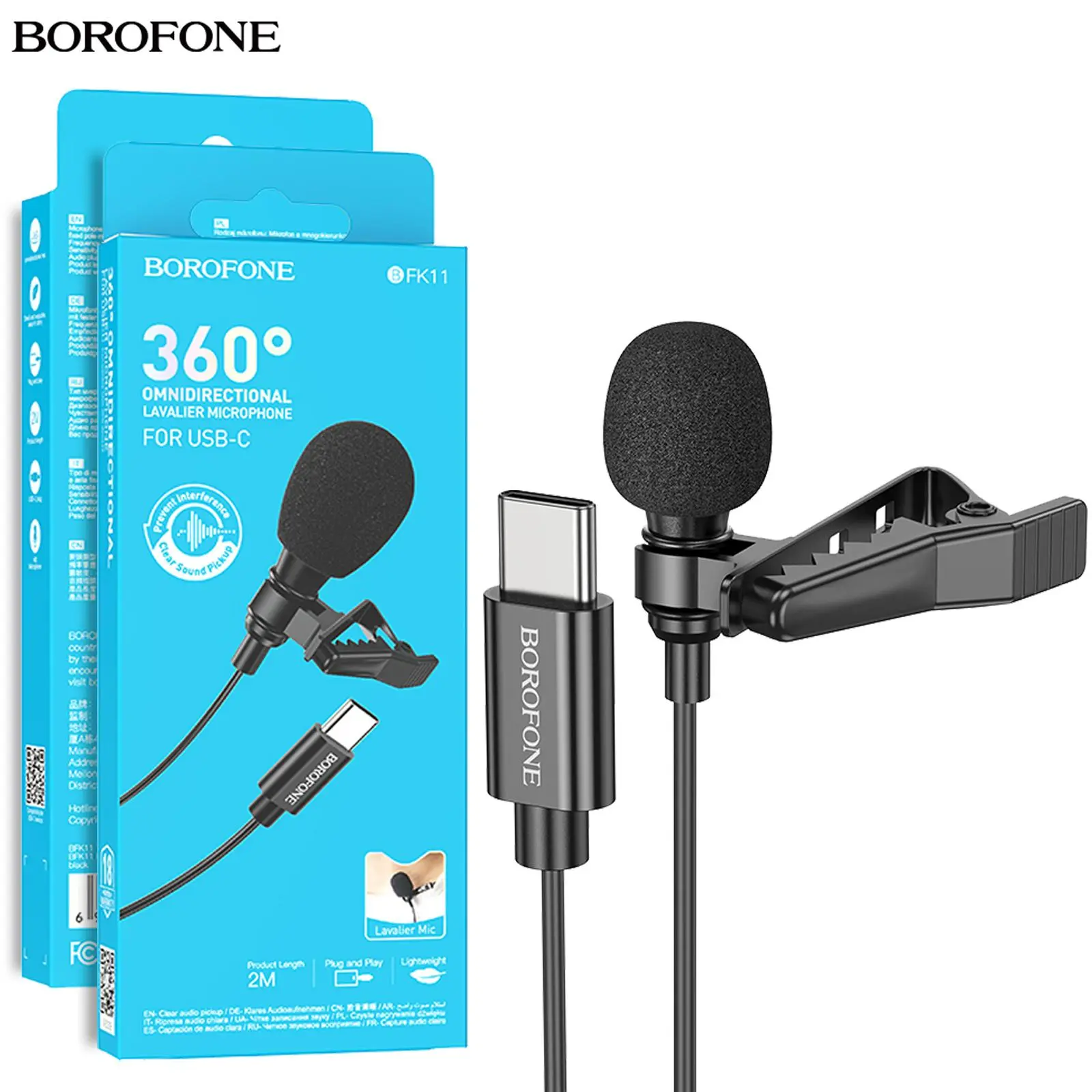 Borofone BFK11 Elegant Lavalier Clip On Microphone With USB Type C Interface Amplifier 2M Cable, Clip-On Portable Microphone, Suitable For: Mobile Live Streaming, Recording, Interview Speeches.