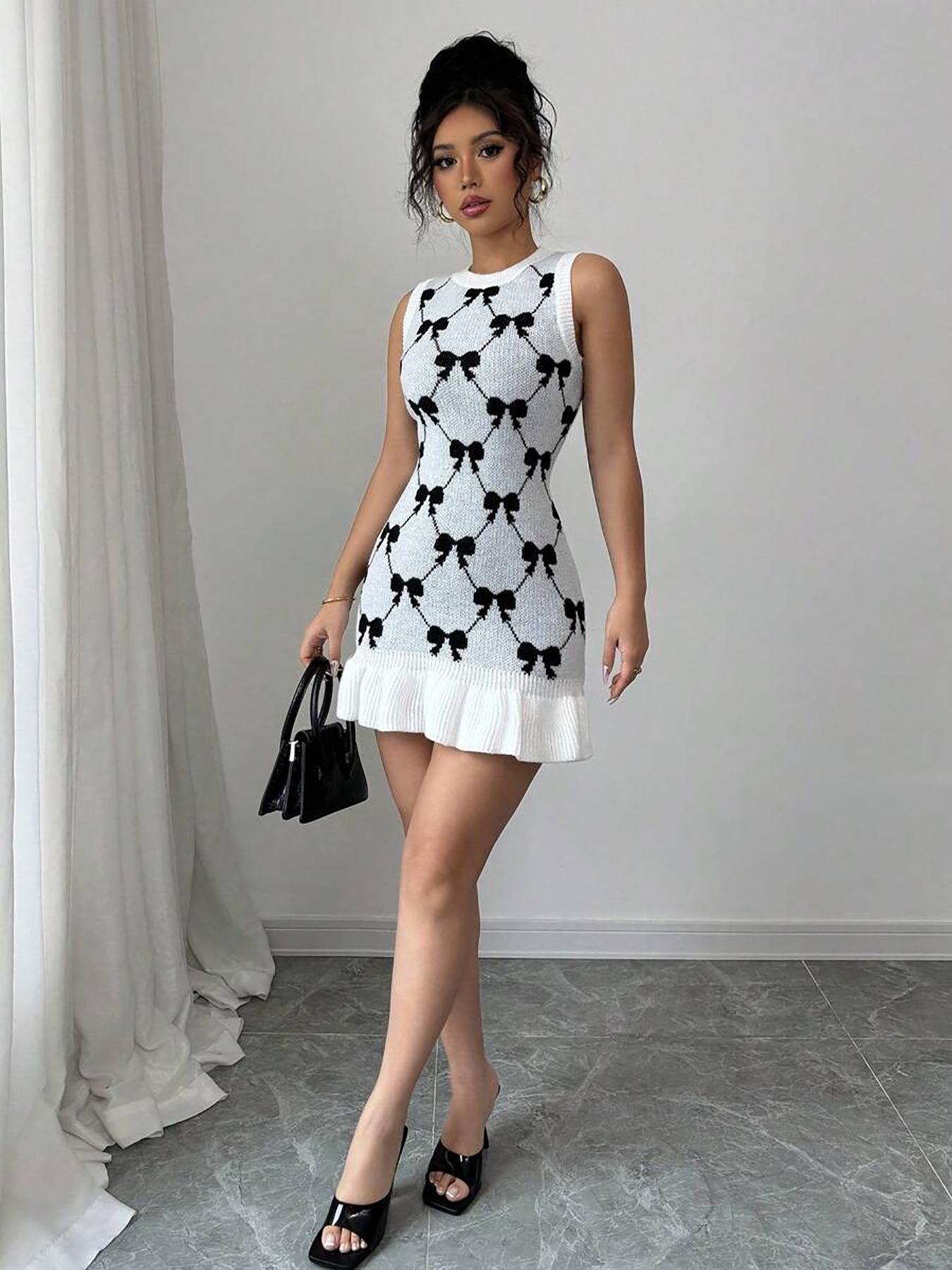 Women's Bow Print Ruffle Hem Sweater Dress, Sleeveless Round Neck Knit Casual Chic Fitted Elegant Dress for Summer, Fashion Women's Dress for Daily Wear, Casual Summer Chic Womenswear