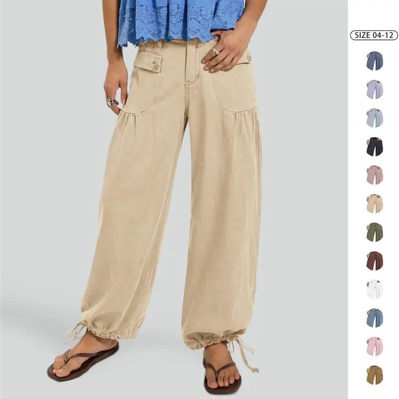 Imily Bela Women's Cargo Wide Leg Jeans, High Waist Drawstring Hem Baggy Pants with Big Pockets Casual Loose Trousers