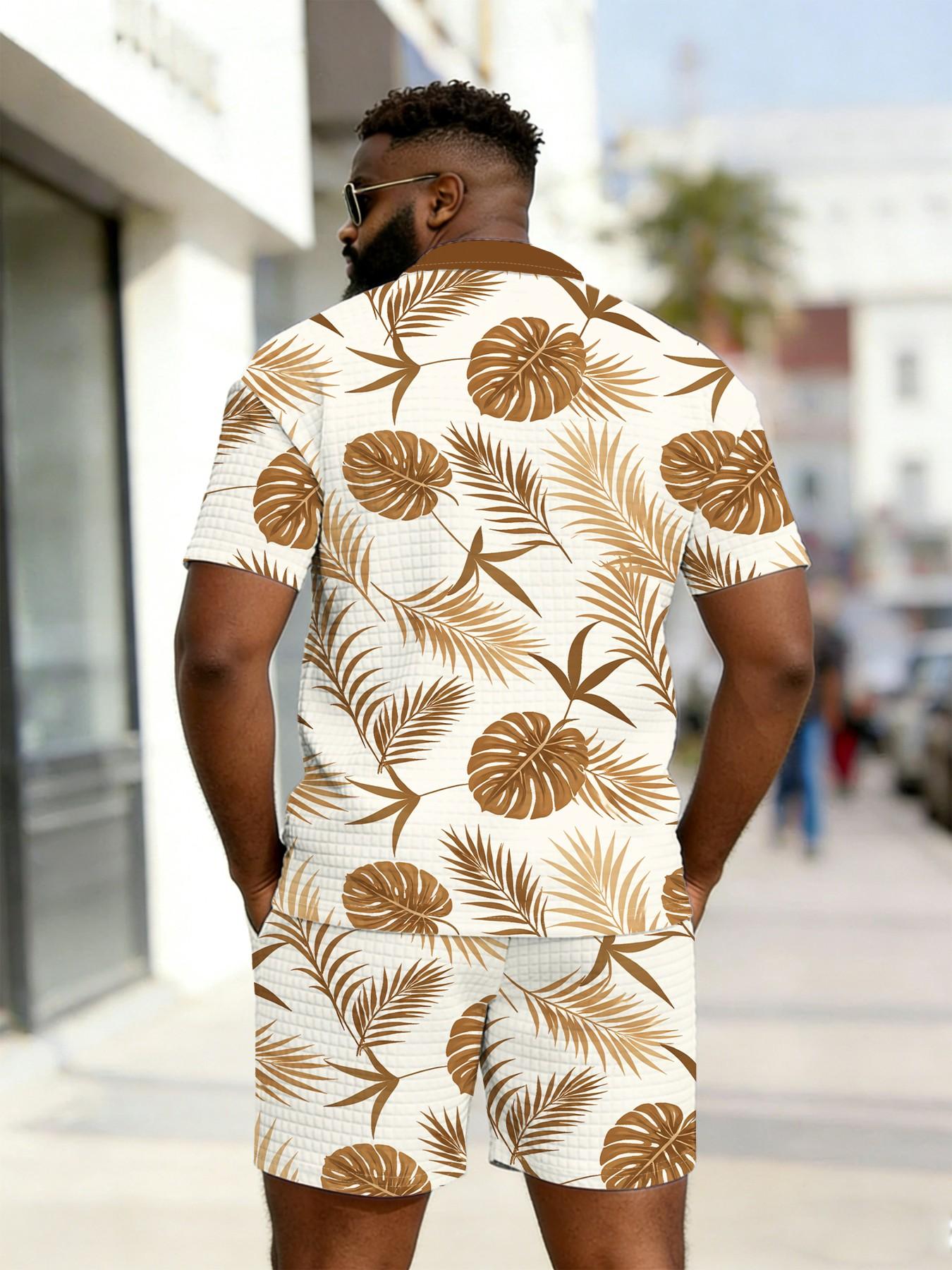 Men's Tropical Plant Leaf Jumper Polo Set, Large Size Zipper Design, Summer Casual Breathable Beach Wear