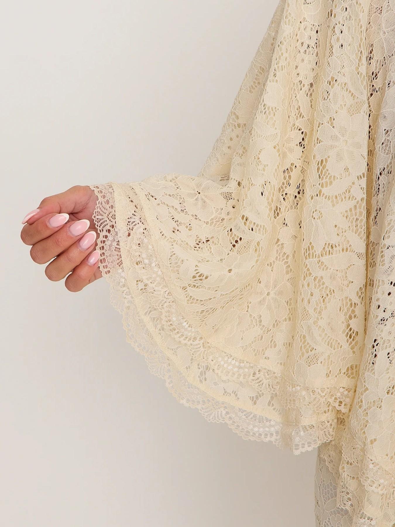 Cream Lace Half-Neck Cape Short Sleeve Top, Loose Batwing Sleeves, French Style, Chic, Versatile for Multiple Occasions