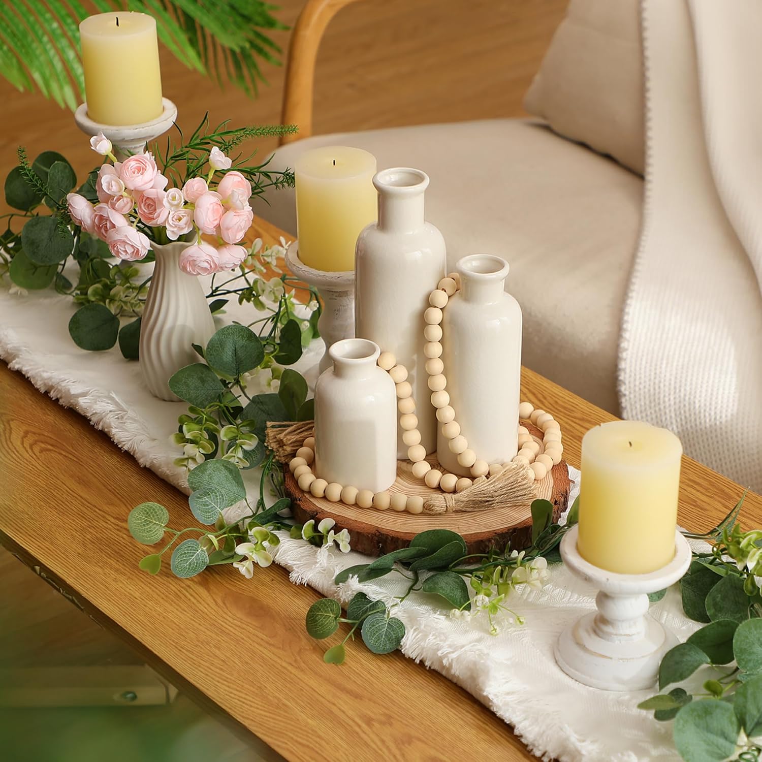 6 count Rustic Table Centerpieces, Set of 3 Boho Ceramic Vases, Wooden Serving Tray, Modern   Beads Garland Tassel, Artificial Greenery for  Coffee Tabletop Decor(White)