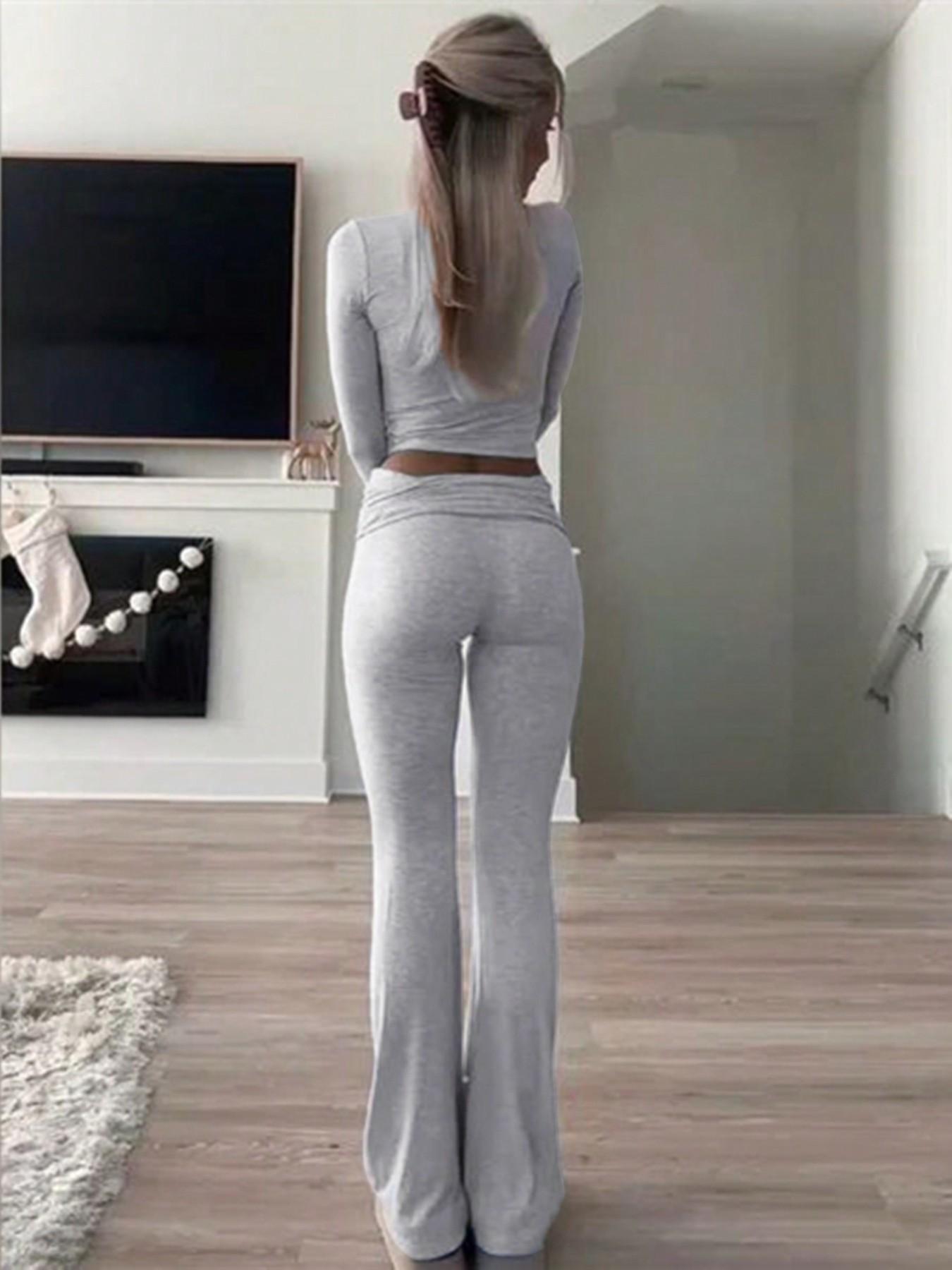 Women's 2 Piece, Foldover Flare Pants & Long Sleeve Crew Neck T-Shirt, Fitted Pajama Sets, Casual Comfortable Sleepwear