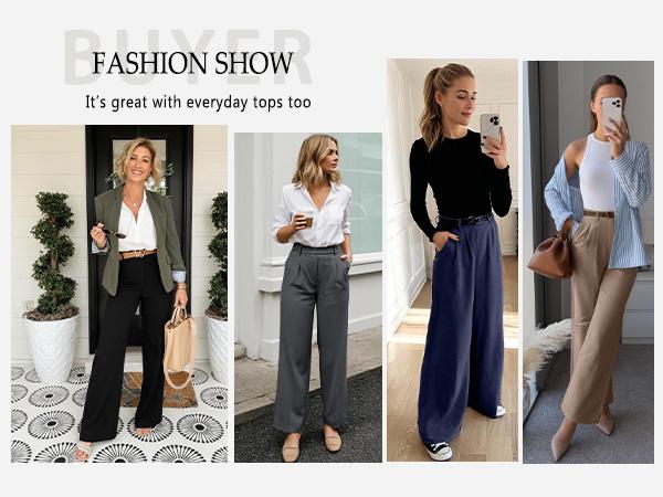 Dlooda Womens Wide Leg Dress Pants Stretchy High Waisted Work Pants Business Casual Office Trousers with Pockets