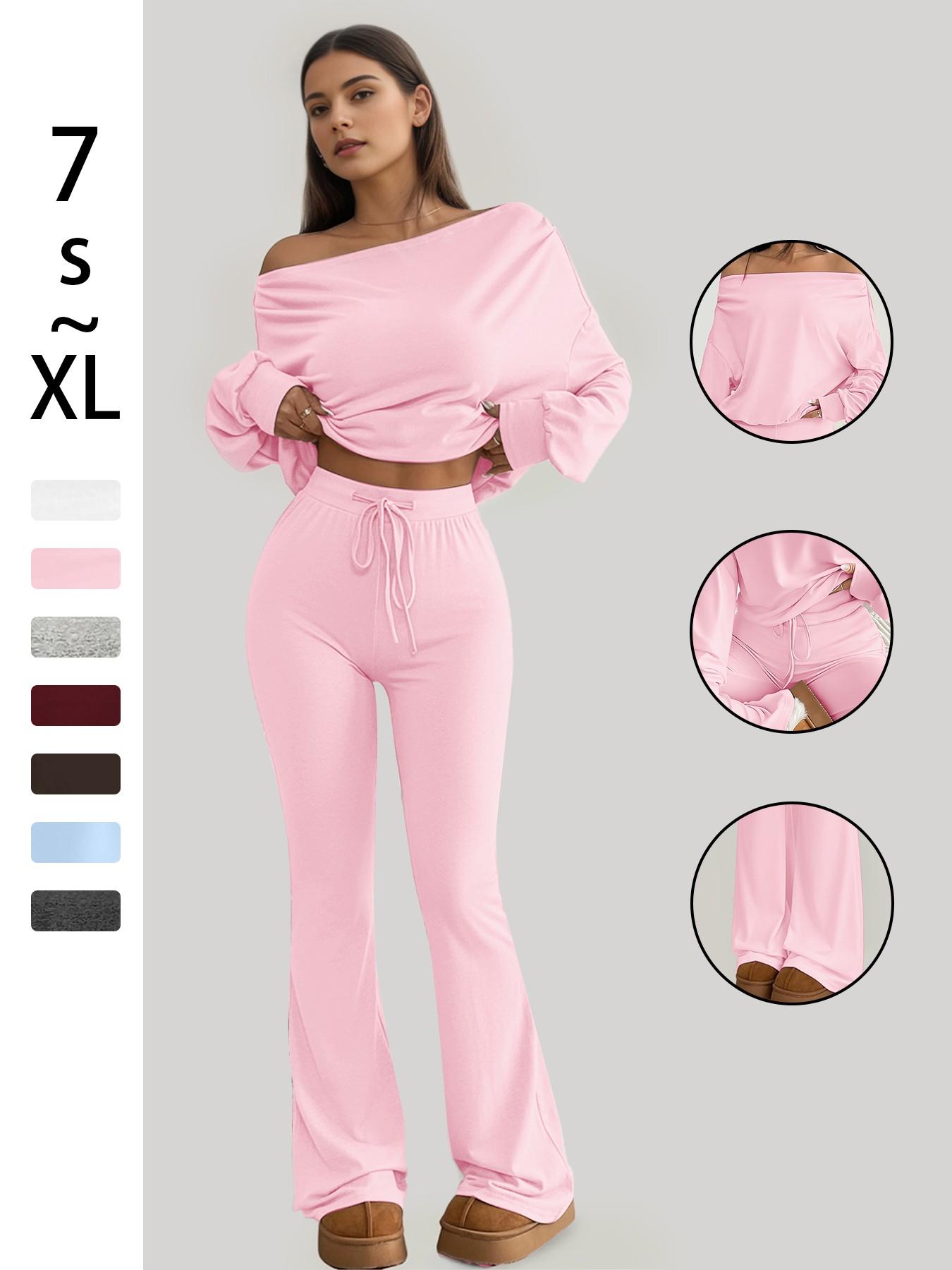 One Shoulder Long Sleeve Loose Crop Top and High Waisted Drawstring Skinny Vintage Bell Bottoms, Yoga Fitness Workout Gym Clothing, Fall & Winter