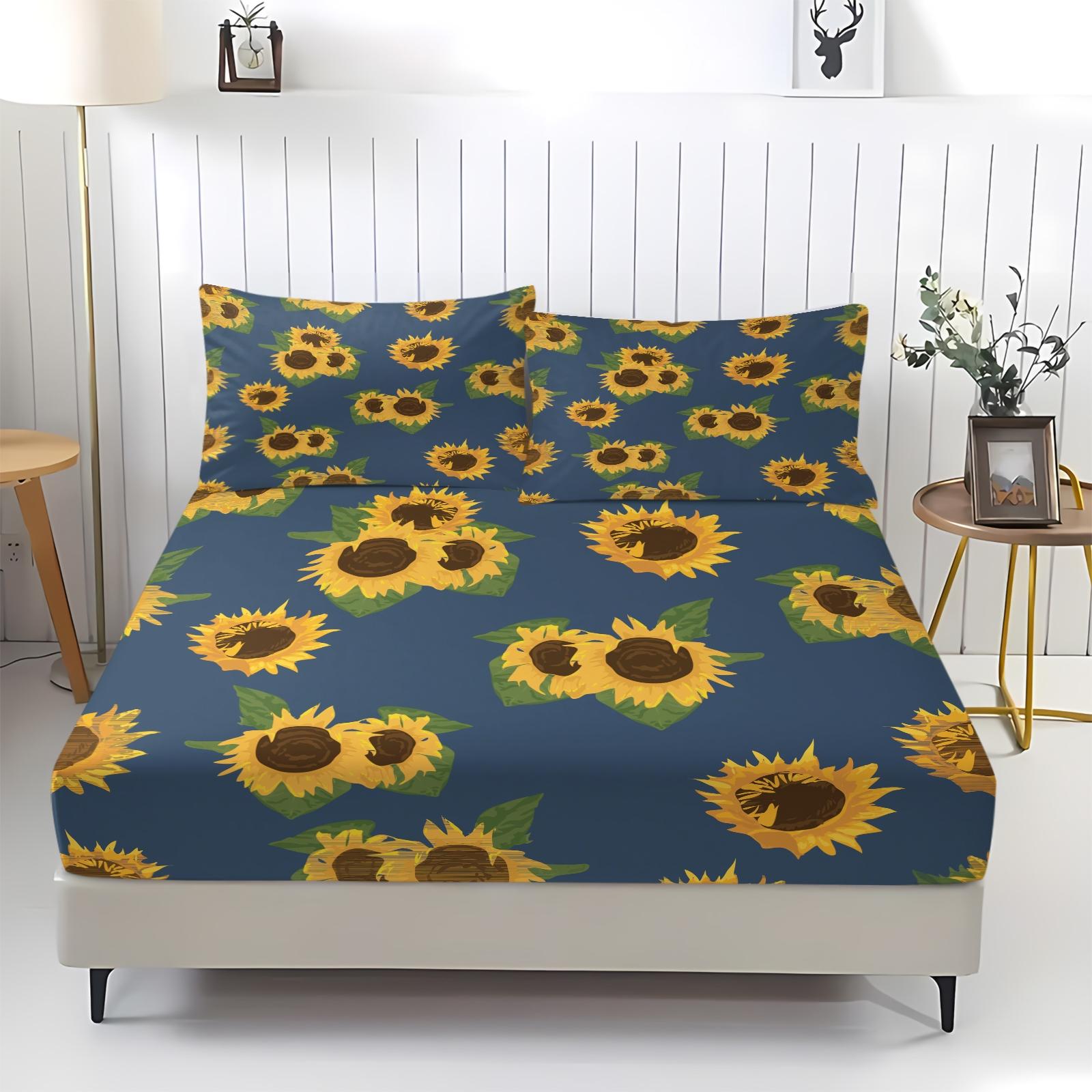 3 Piece Sunflower Pattern Fitted Sheet Set, Soft And Durable Bedding Set, Including 1 Piece Flat Sheet And 2 Pieces Pillowcases, Suitable For Children And Adults Daily Holiday Birthday Gifts Bedroom Decorations