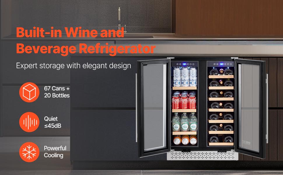 VEVOR Wine and Beverage Refrigerator, 24 in Dual Zone Wine Cooler, Built-in Freestanding Fridge with Glass Doors, Adjustable Shelves, Digital Temperature Control, 64 Cans and 20 Bottles Capacity