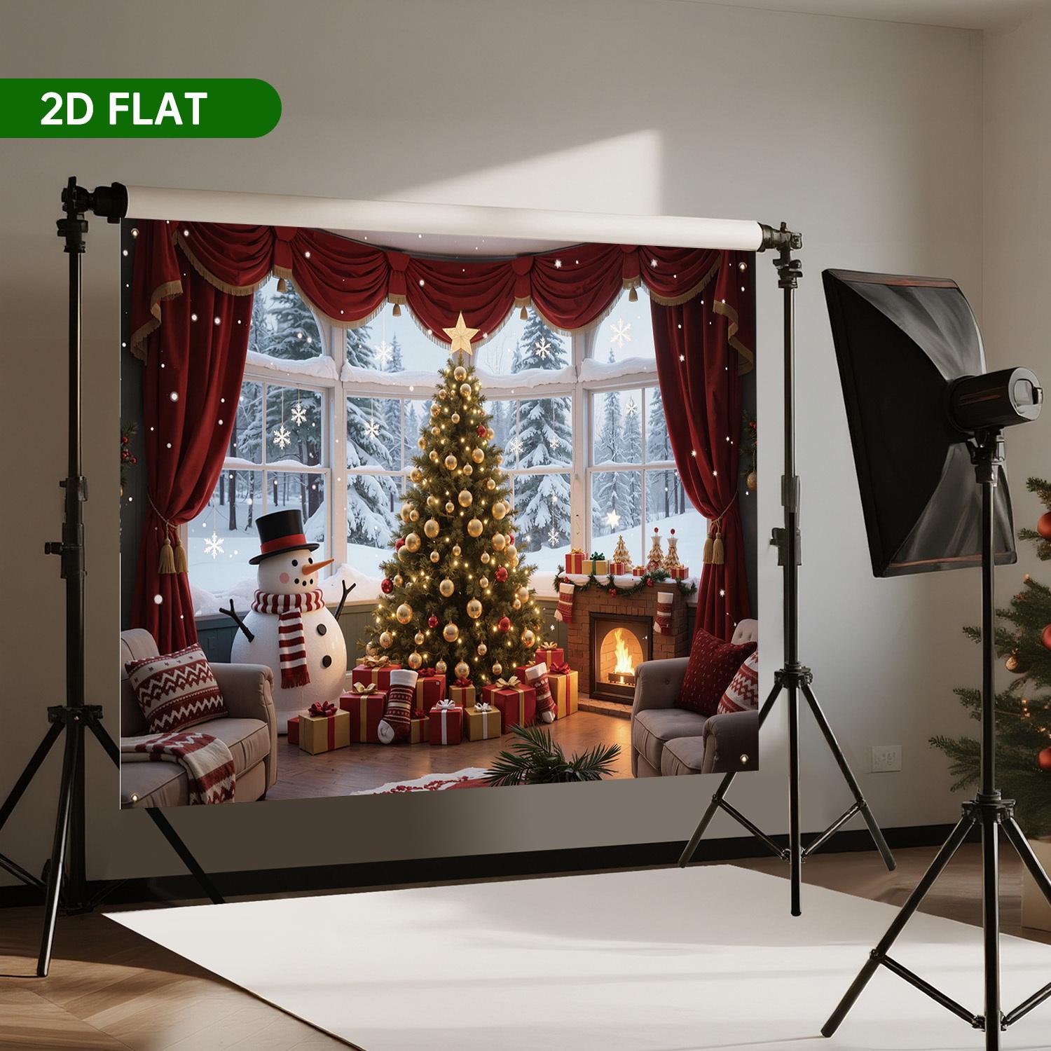 Christmas Theme Background Banner, Durable Polyester, Festive Home Decor, Tree with Bells, Gifts, Snowman, Fireplace, Party Decoration
