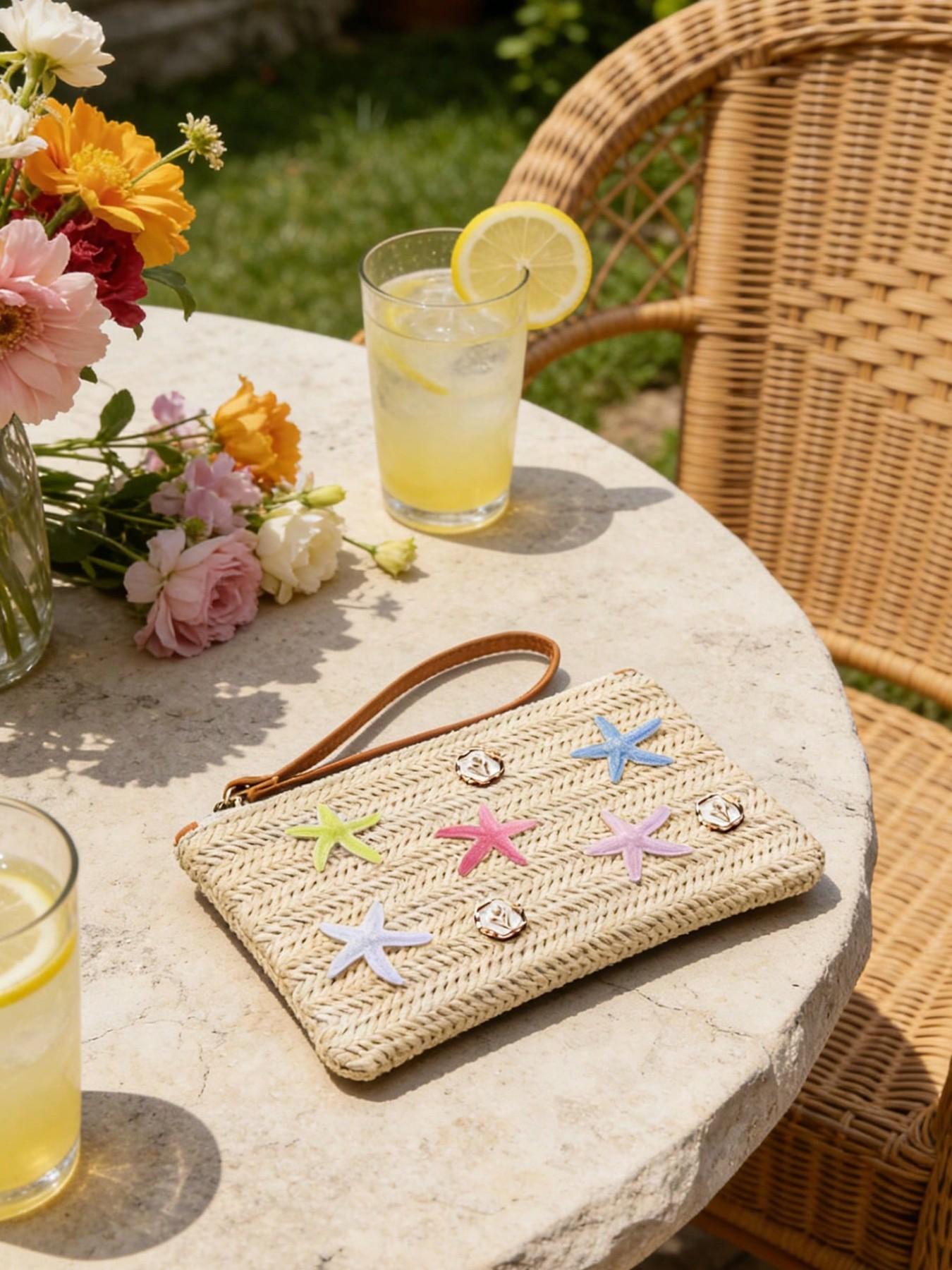 Boho Starry Straw Handbag, Colorful Star Decor, Beach Travel Bag, Summer Vacation, Casual Outings, Mother's Day Gift, Women & Teens