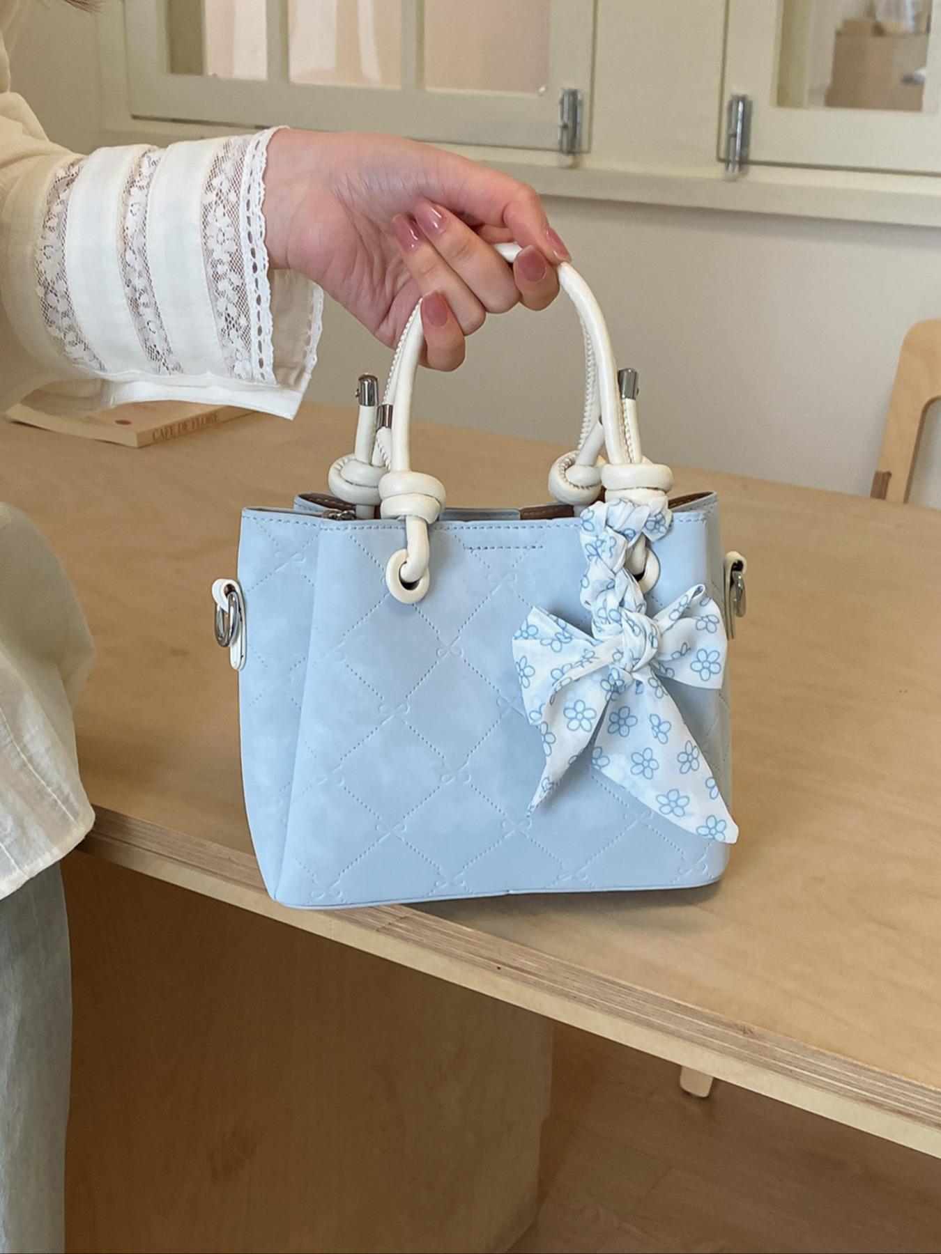 1Powder pink coach bag，Quilted Bucket Bag with Floral Bow Scarf | Dual-Tone Handle Crossbody Tote for Women | Ideal for Daily & Special Occasions