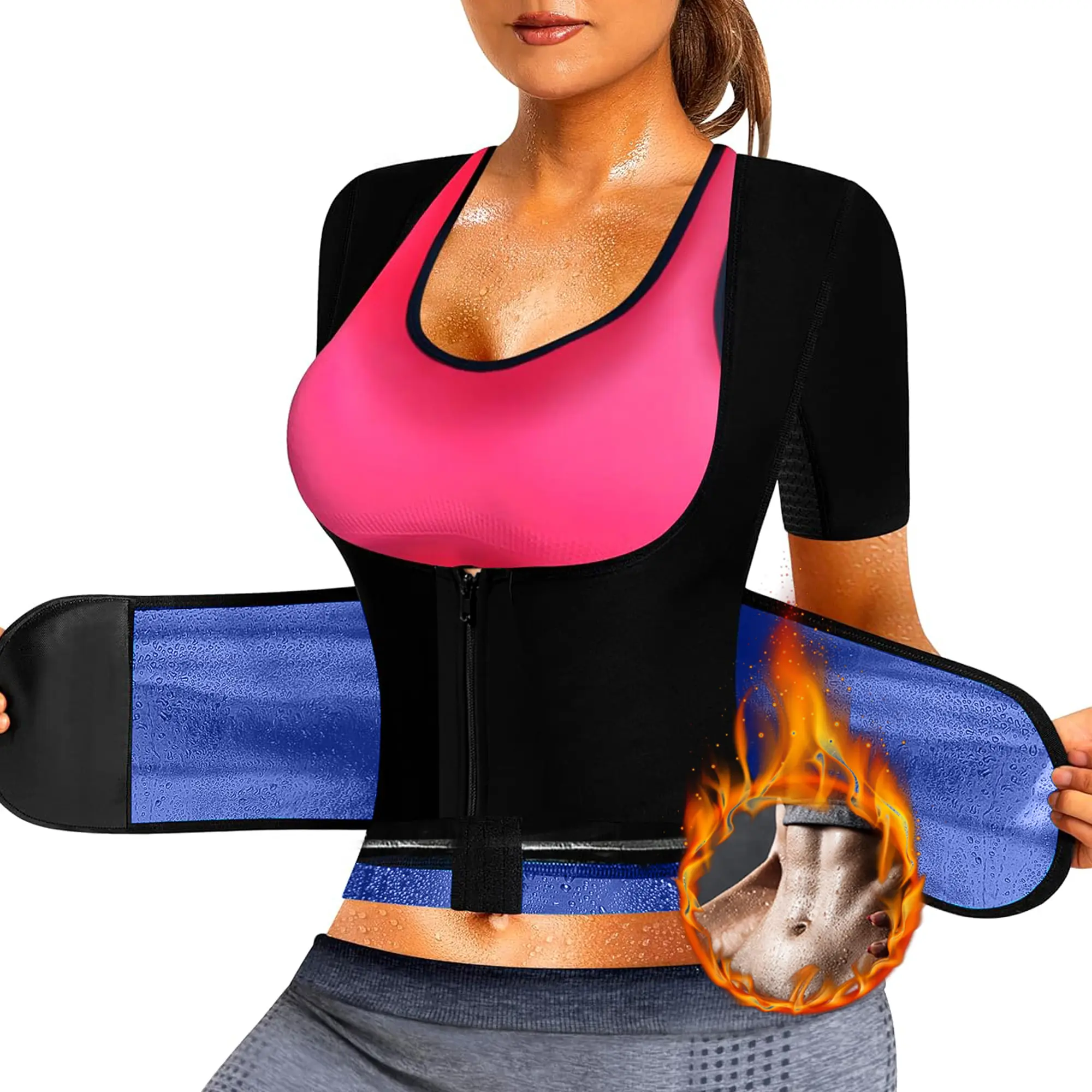 Women's Double Adjustable Zip-Up Sauna Sweat Vest, Compression Waist Trainer Workout Tank Top Body Shaper for Gym & Running, Gym Workout Shirts, Stretchy PU Material, Women Fitness Training Clothes Gym Sportswear