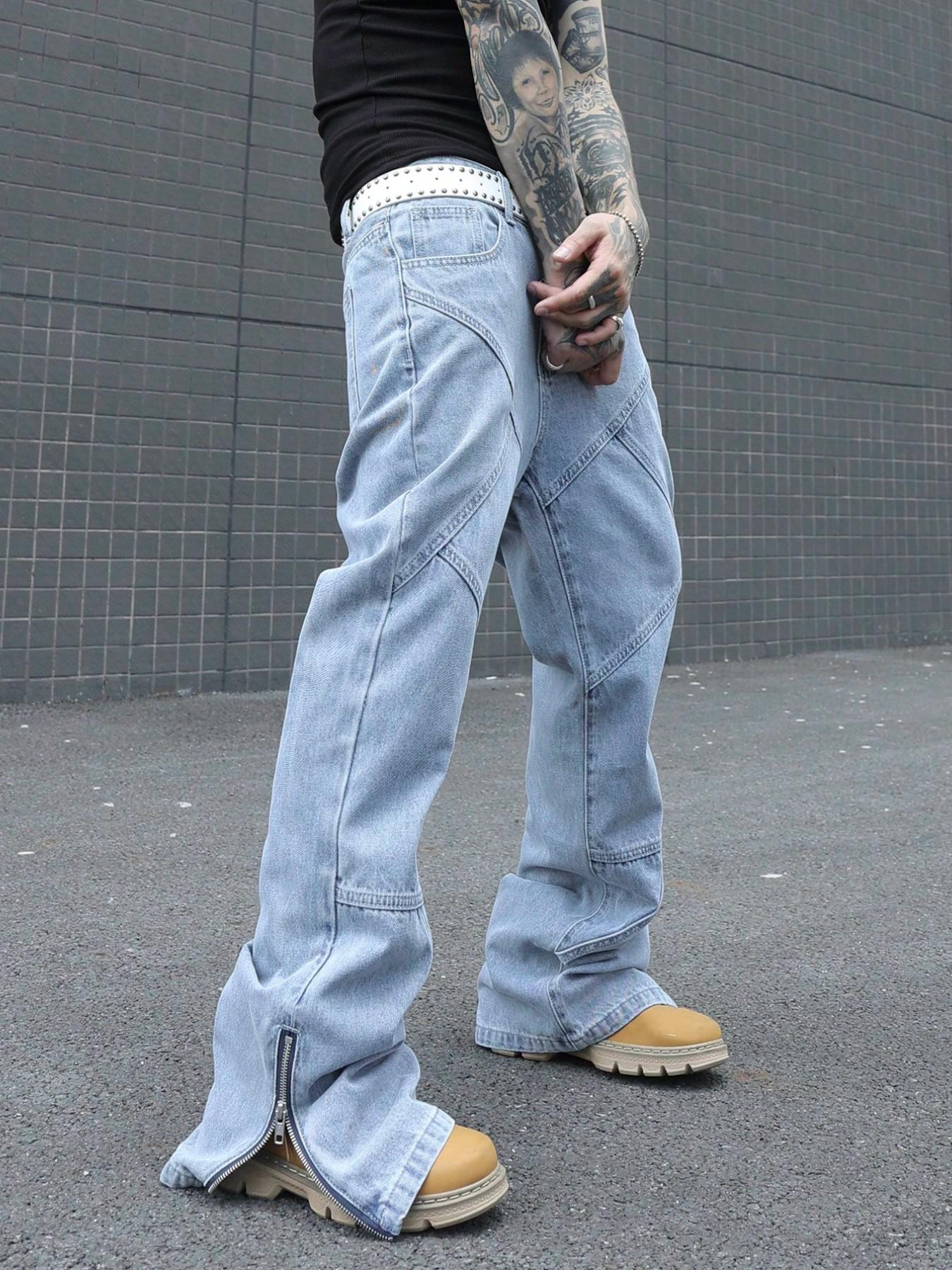 2026 Spring Summer Paris Style Loose Flare Light Washed Blue Denim Jeans, Streetwear Trendy Stylish Men's Fashionable Trousers, Versatile Casual Wear for Every Occasion Pants, Pocket