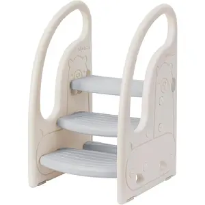 Toddler 3 Step Stool Kids Standing Tower  Toddlers Plastic Learning Helper Stool  Kitchen Counter Bathroom Sink Toilet Potty Training with Handles and Non-Slip Pads-Grey White