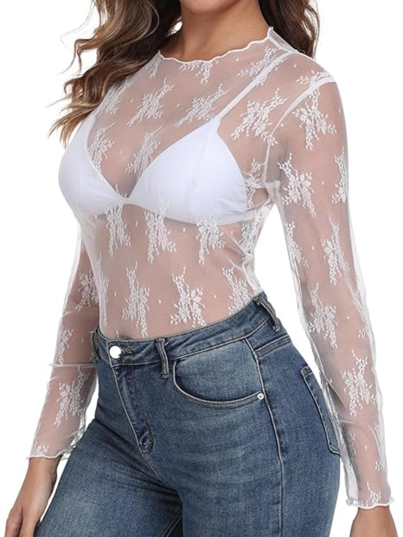 Women's Mesh Top, Transparent Lace Layered Medium Round Neck Sheer Shirt, Elegant and Stylish Design for Daily Wear