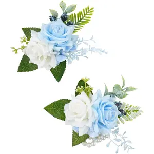 Light Blue Corsage and Boutonniere Set for Wedding Prom, Artificial Rose Flower Wrist Corsage Bracelets, Homecoming Corsage Wristlet, Boutonniere for Men Wedding Suit Decorations