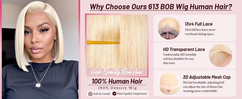 Bob Wig Human Hair Pre Plucked Pre Cut 13x4 Blonde HD Lace Closure Wig 613 Pre Bleached Wear and Go Wig Short 613 Bob Glueless Wig Human Hair 180% Density for Women