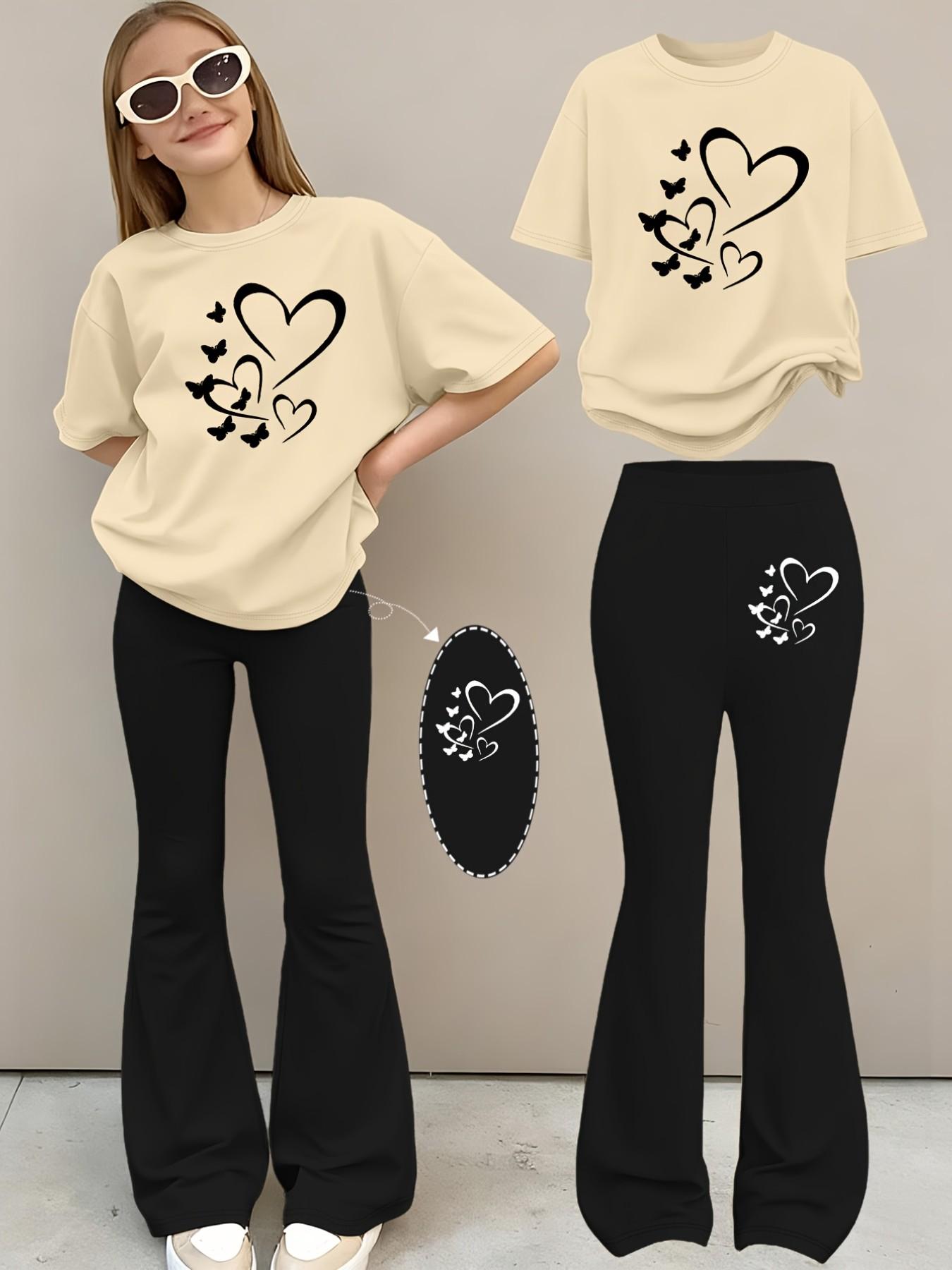 2pcs Girls Summer Fashion Print Drop Shoulder Short Sleeve T-Shirt + Elastic Bell Pants Set, Comfortable Soft Sweat Round Neck T-Shirt + Casual Bell Pants