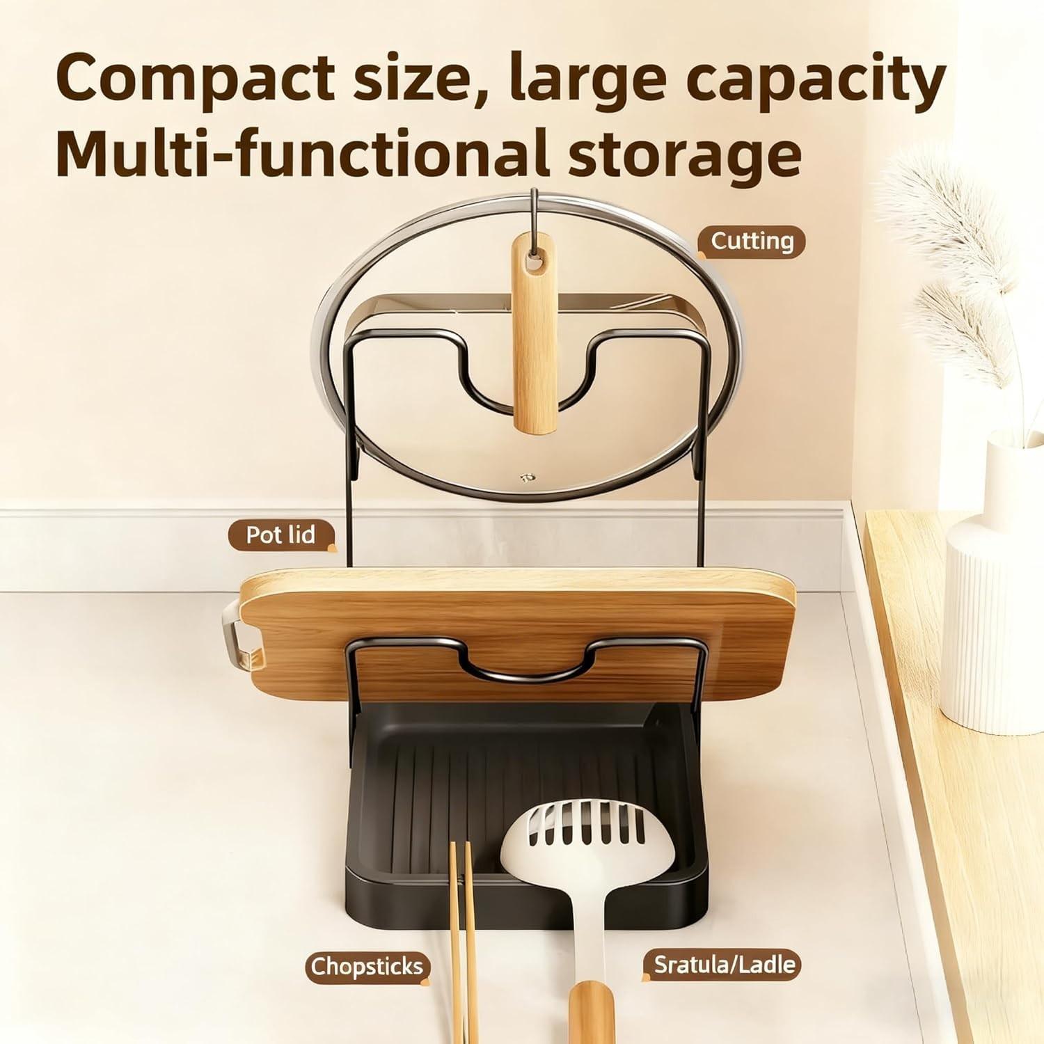 Kitchen Pot Lid Storage Rack, 2026 Upgraded Multi-Functional Pot Lid Organizer, Cooking Lid Holder with Detachable Drip Tray