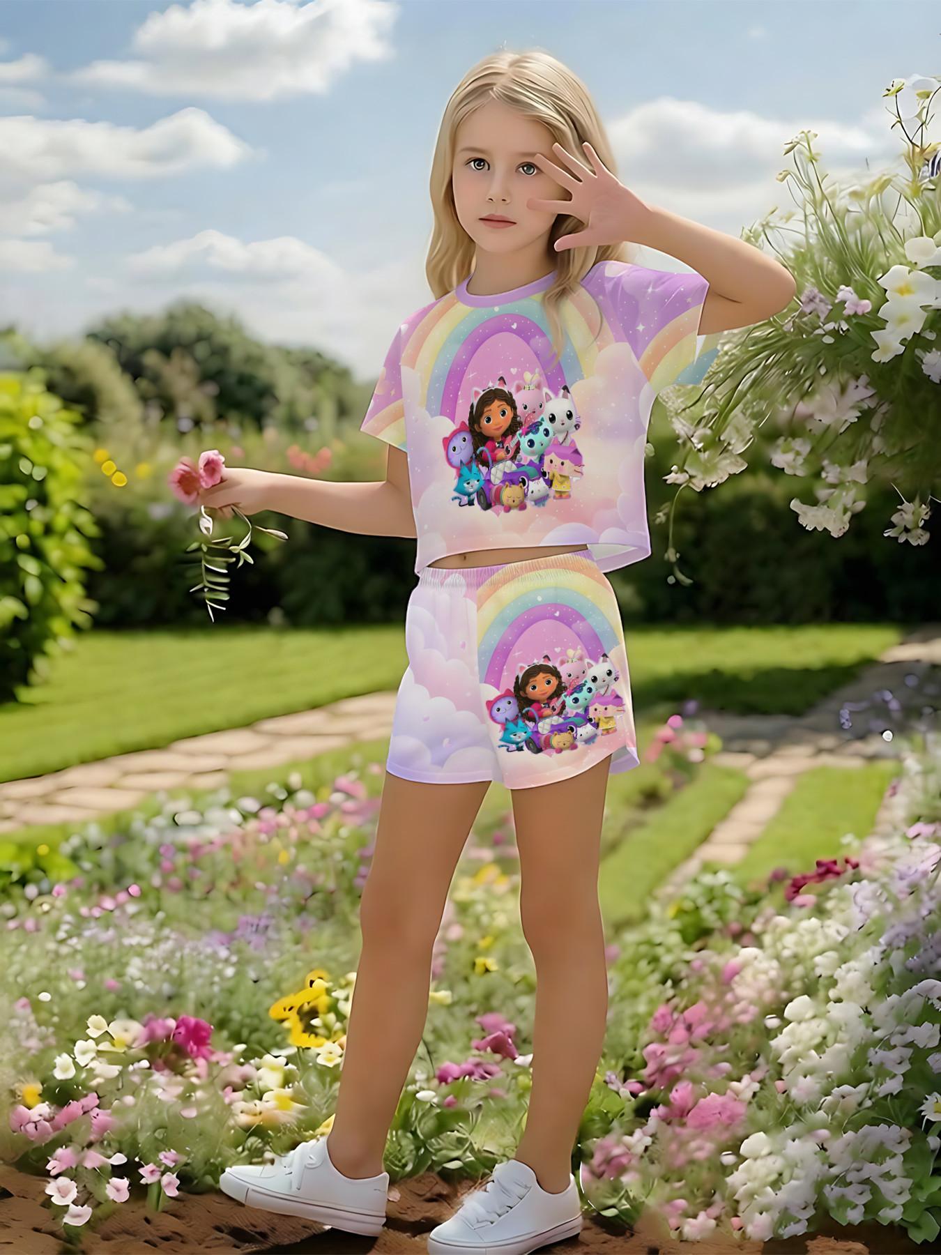 Girls' 3D Short Sleeve Set, Gabi Dollhouse Rainbow Cloud Print, Outdoor Wear, Perfect for Holidays, Birthday Gifts, Casual Style