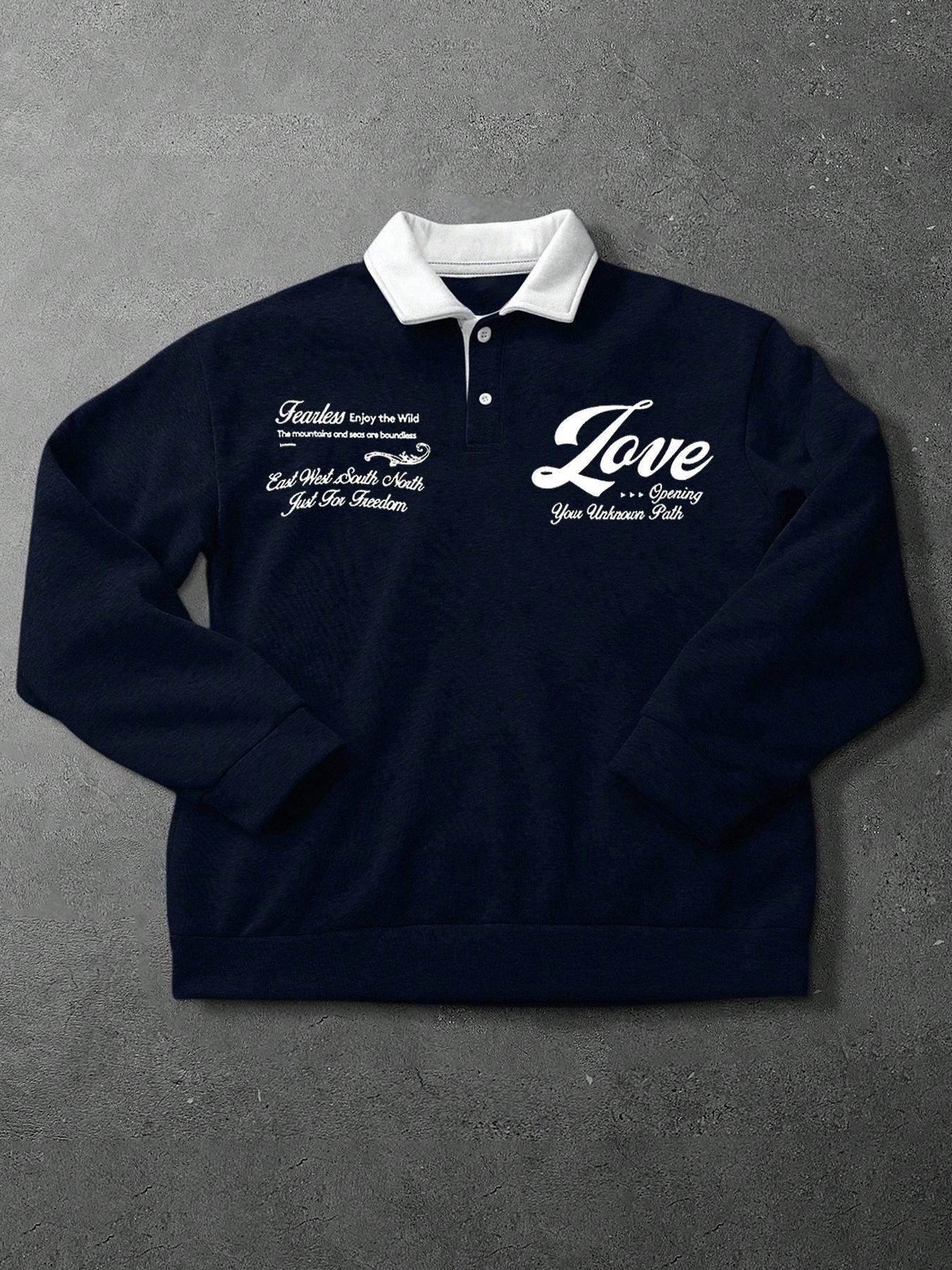 Men's Loose Fit Colorblock Collar Long Sleeve Graphic Polo Shirt, Casual Street Style, Fashionable Outdoor Sports Wear, All Seasons