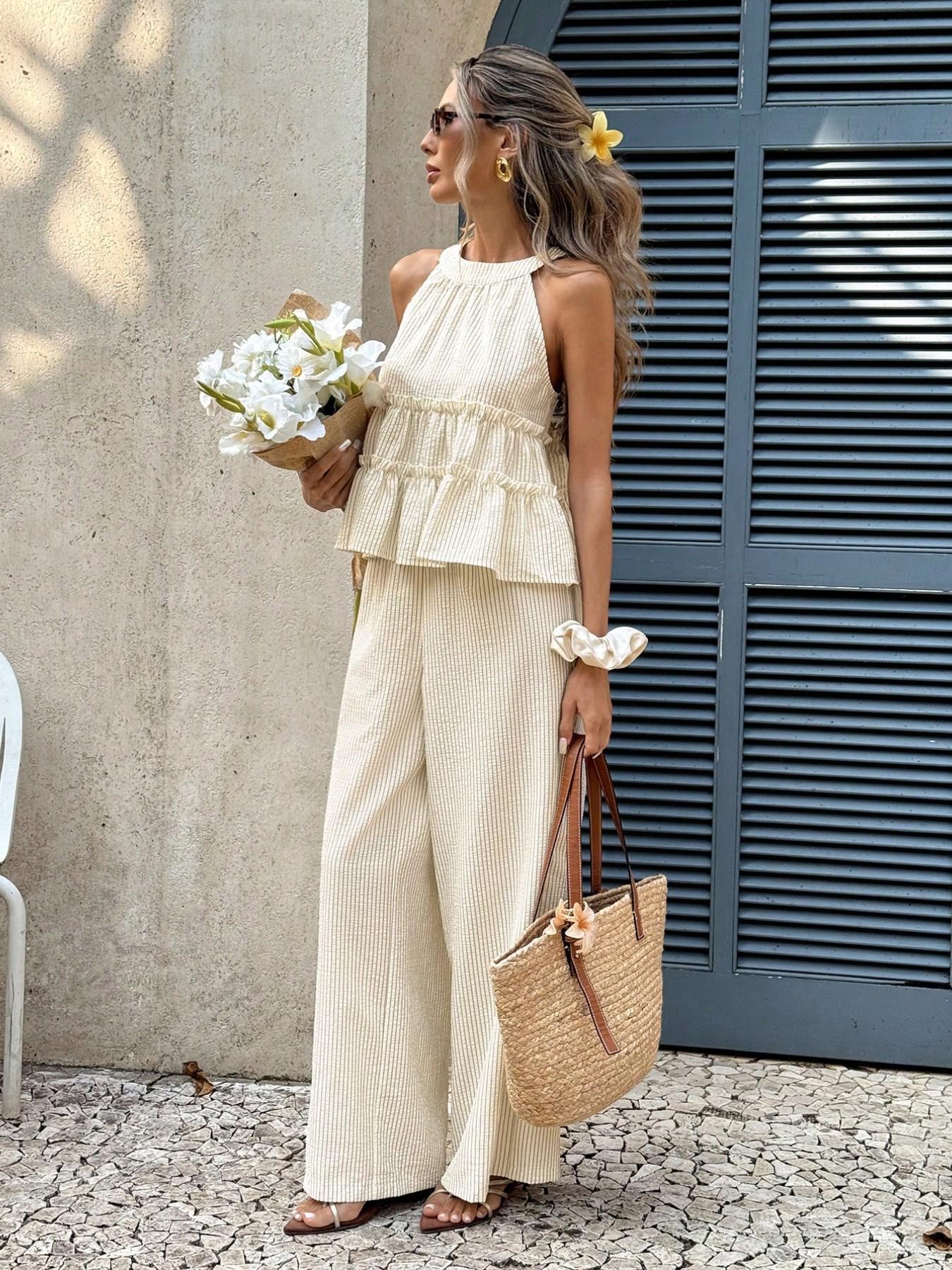 Women's 2 Piece Set | Sleeveless Halter Neck Ruffle Top & High Waist Wide Leg Pants | Casual Feminine Summer Beach Vacation Outfit