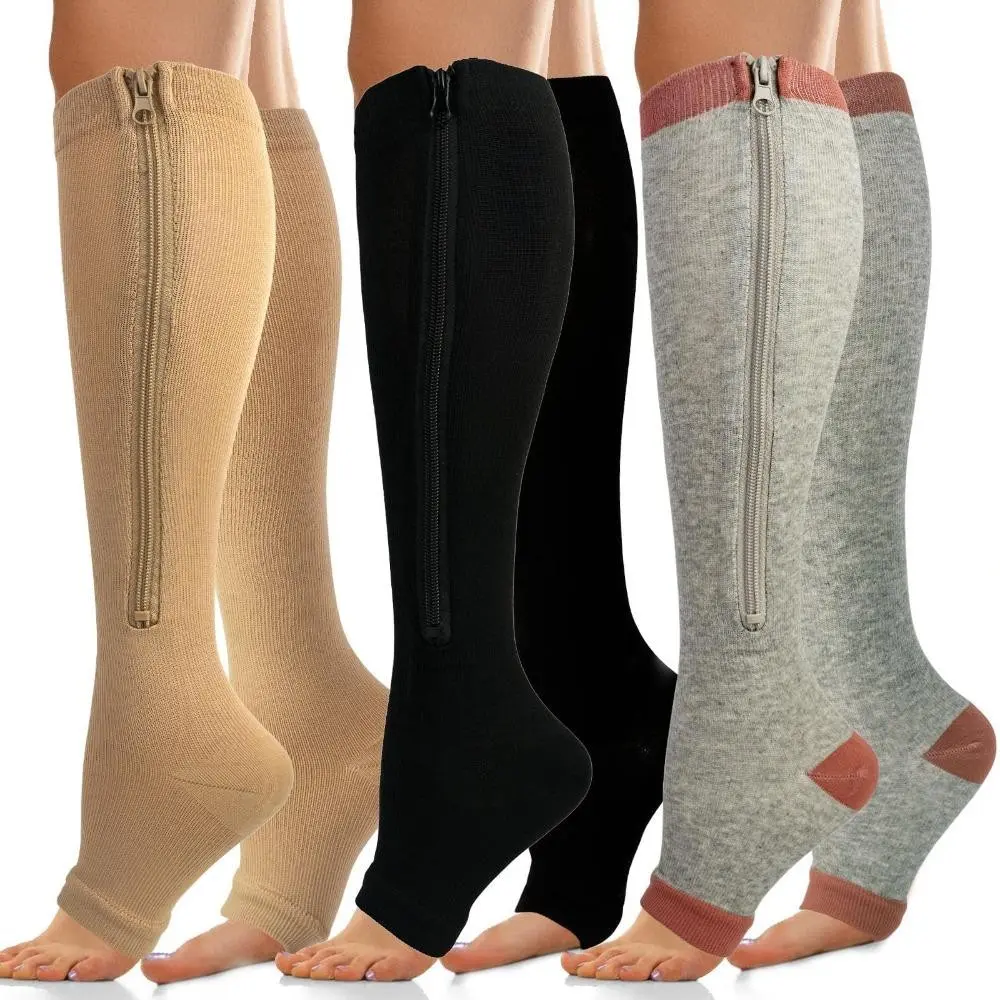 Unisex Zipper High Compression Socks, Open Toe Design with Zipper for Easy On/Off, for Sports, Travel, Office Workers Who Sit for Long Periods, Compression Athletic Socks