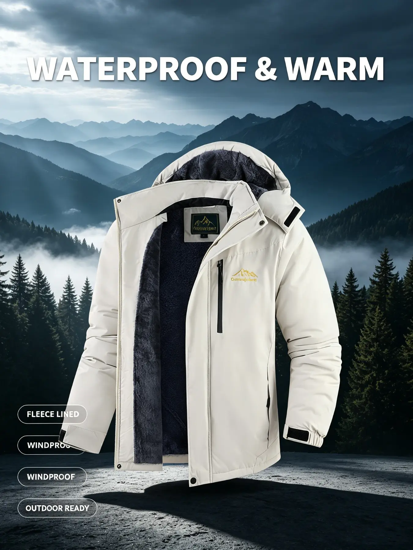 Men's Waterproof Windproof Jacket, Warm Fleece Lined Winter Outdoor Jacket, Perfect for Snowboarding Skiing and Cold Weather Activities