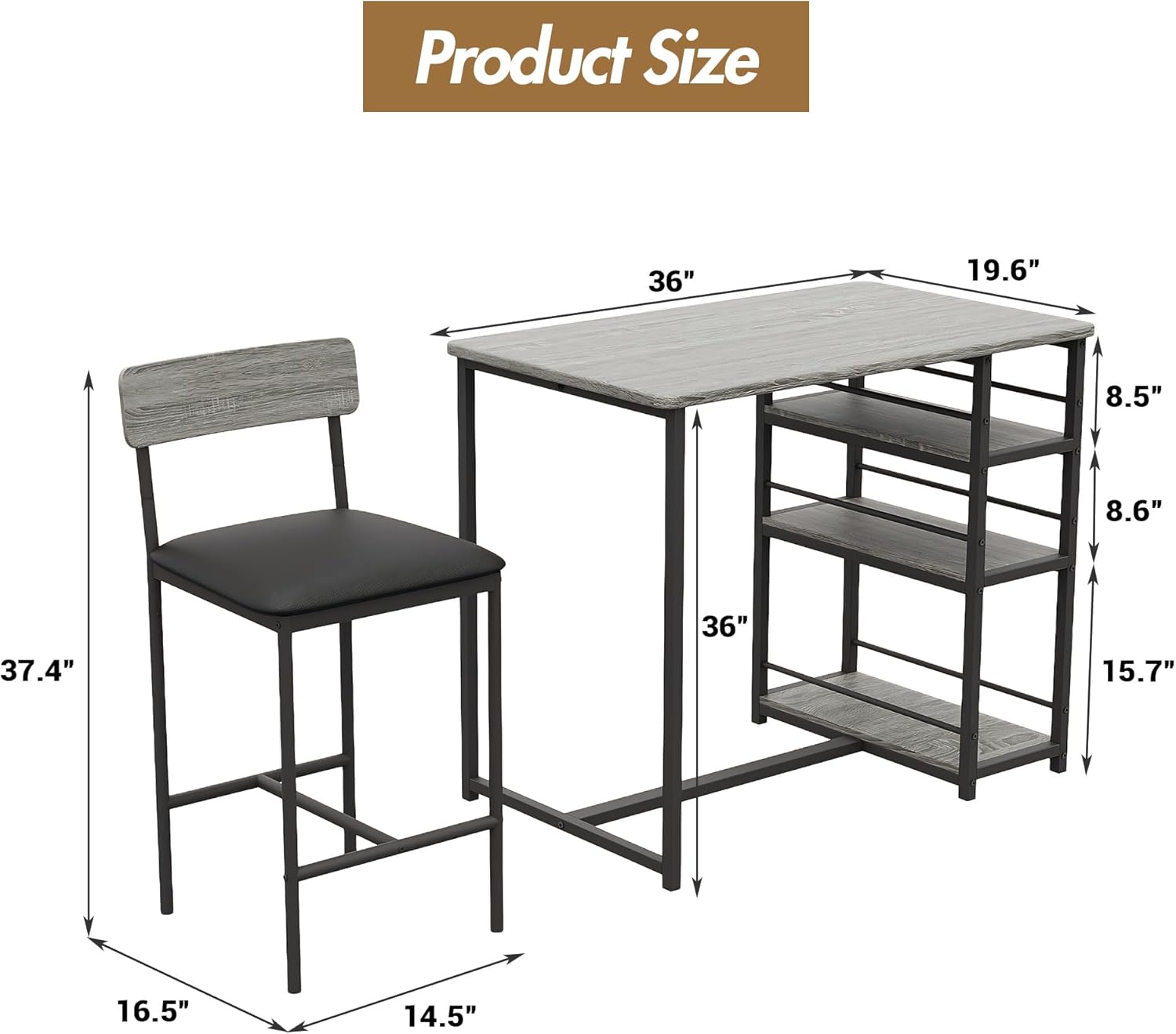 3-Piece Double Bar Table Set with 3-Tier Storage Shelves, Compact Kitchen Dining Table Set with 2 Upholstered Stools, Space-Saving Breakfast Nook for Kitchens, Taverns, Apartments