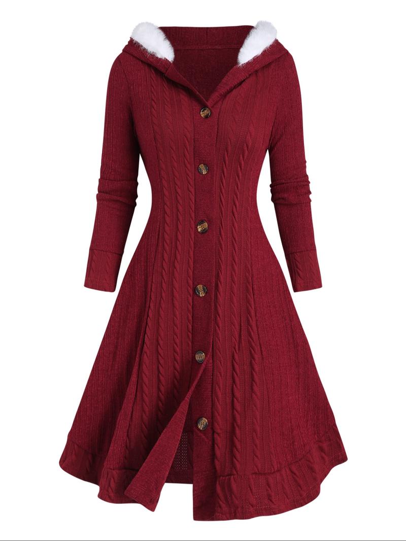 Women's Solid Color Fuzzy Trim Hooded Long Knitted Coat, Casual Long Sleeve Button Front Outerwear for Fall & Winter, Ladies Clothes for Daily Wear