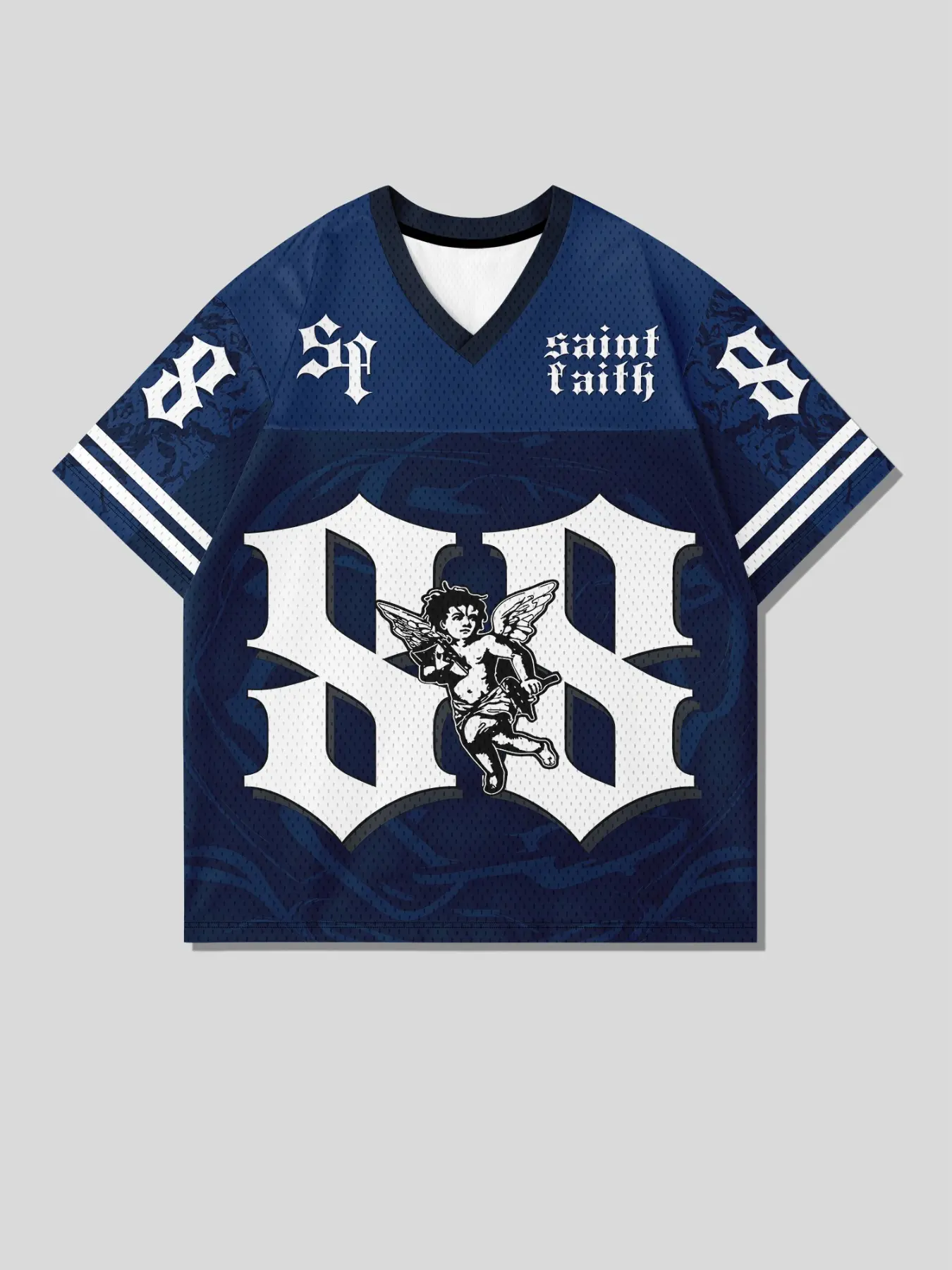 American Vintage Mesh Short Sleeve Sports Top, Gothic Number 88 & Angel Print, Sporty Loose-Fit V Neck T-Shirt