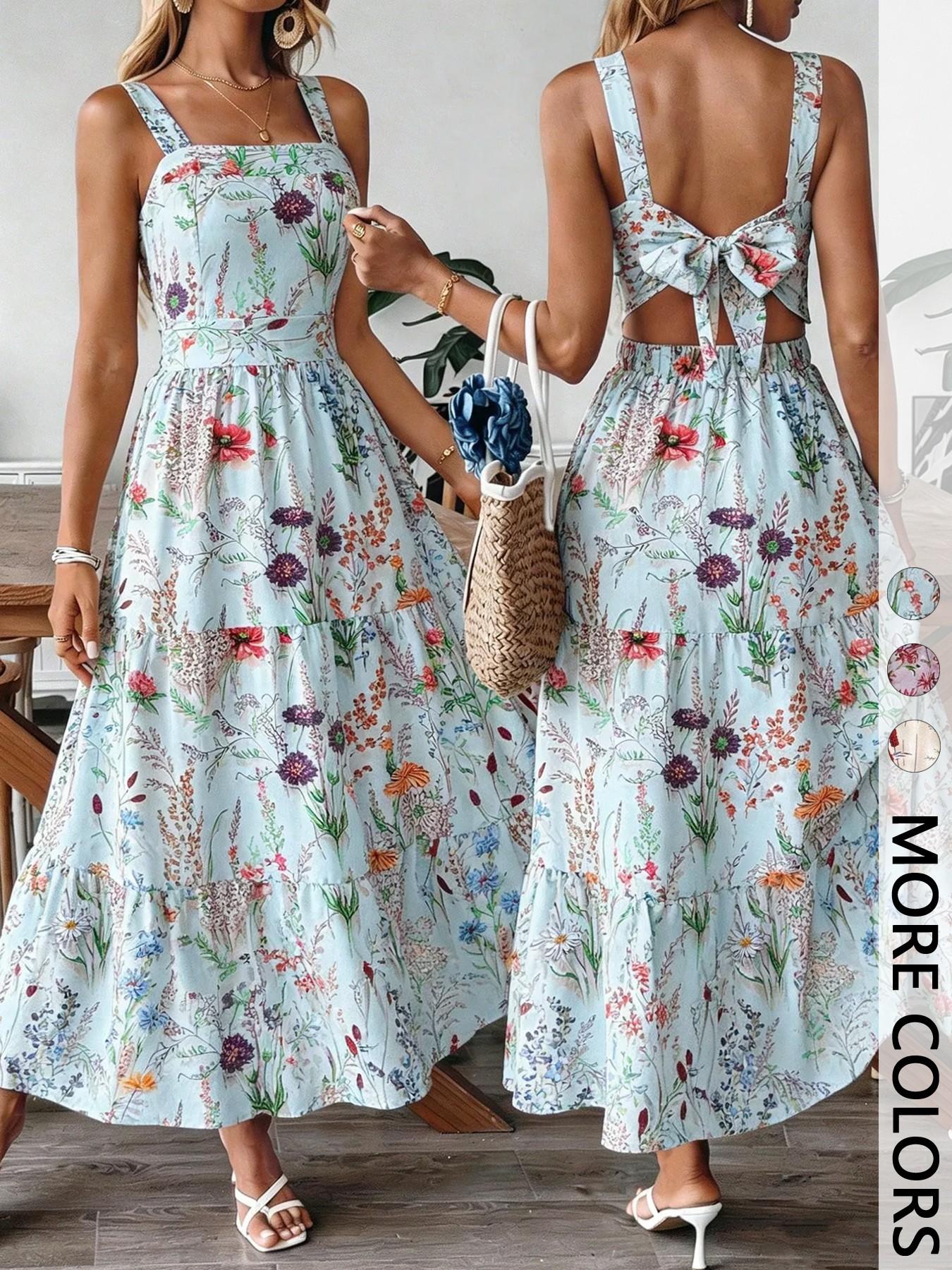 Women's Floral Print Backless Dress, Tie-Up Bow Design, Elastic Waist, Casual Vacation Commute, Elegant Halter Square Neck Dress
