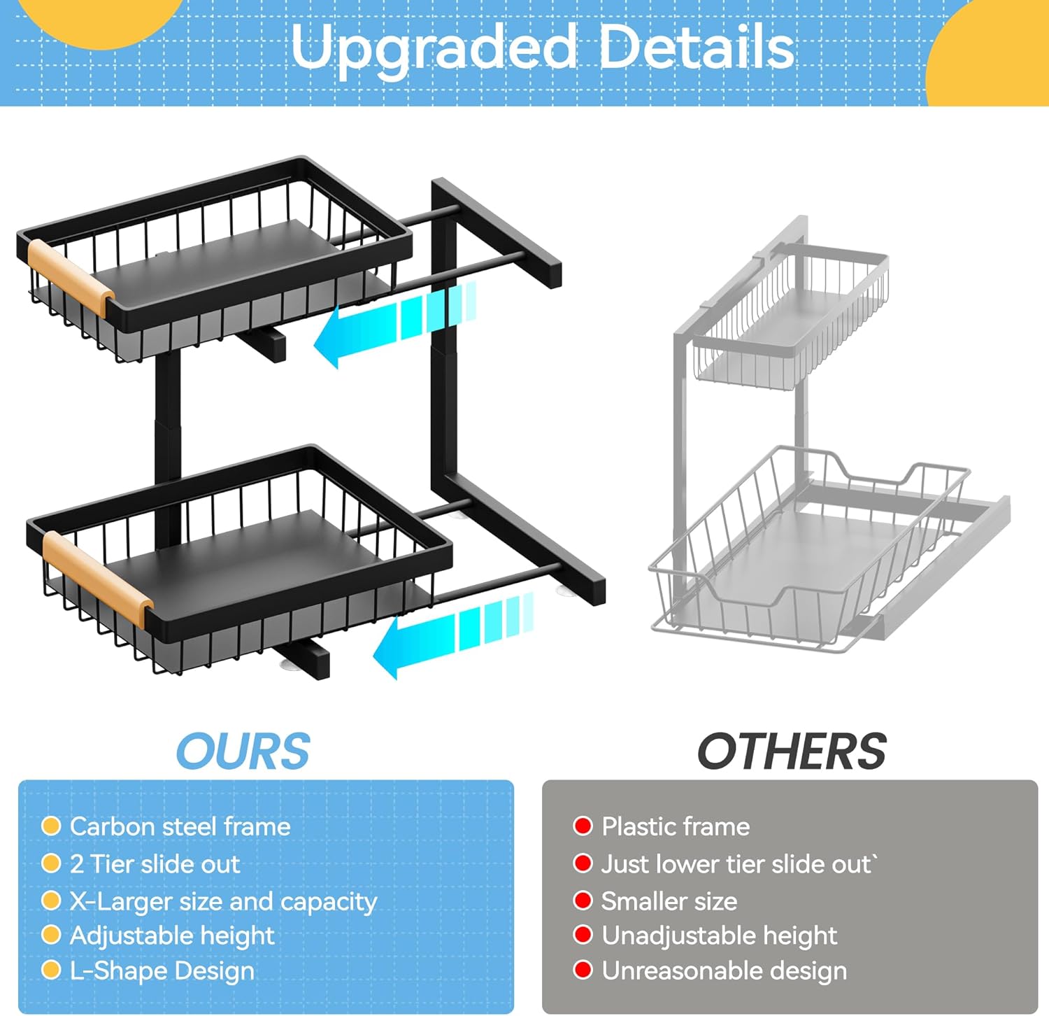 Under Sink Organizer XL Size, 2 Packs 2 Tier Expandable Height (13.5" - 17.5") Under-Sink Organizers Slide out Pull out Bathroom Kitchen Organizers And Storage