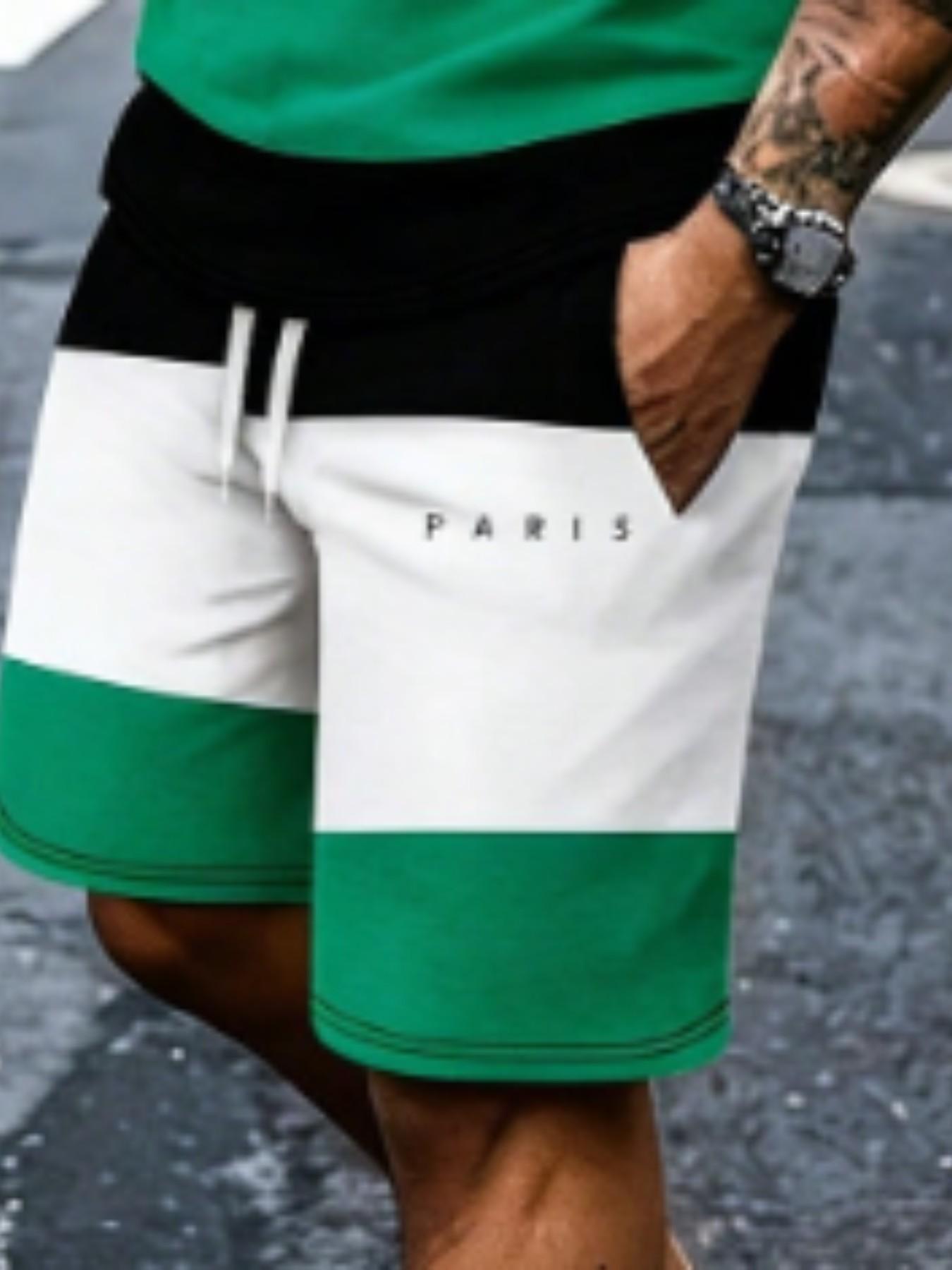 Men's Striped Colorblock Paris Letter Print Round Neck Short Sleeve T-Shirt and Zip Waist Shorts Set, Casual 2-Piece