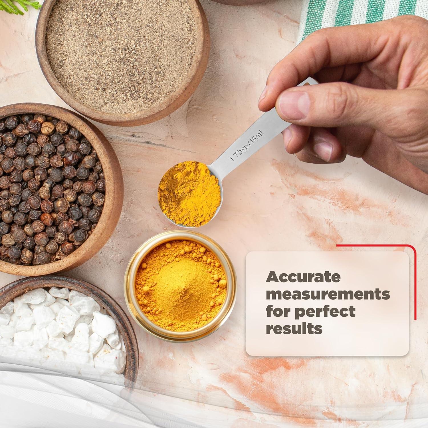 6 Piece Stainless Steel Measuring Spoons Set, Us and Metric Units, Detachable Ring, Dishwasher Safe, Includes 1tbsp, 1tsp, 1/2tbsp, 1/2tsp, 1/4tsp, 1/8tsp.Simplify your kitchen routine with measuring spoons that are dishwasher safe and quick to clean