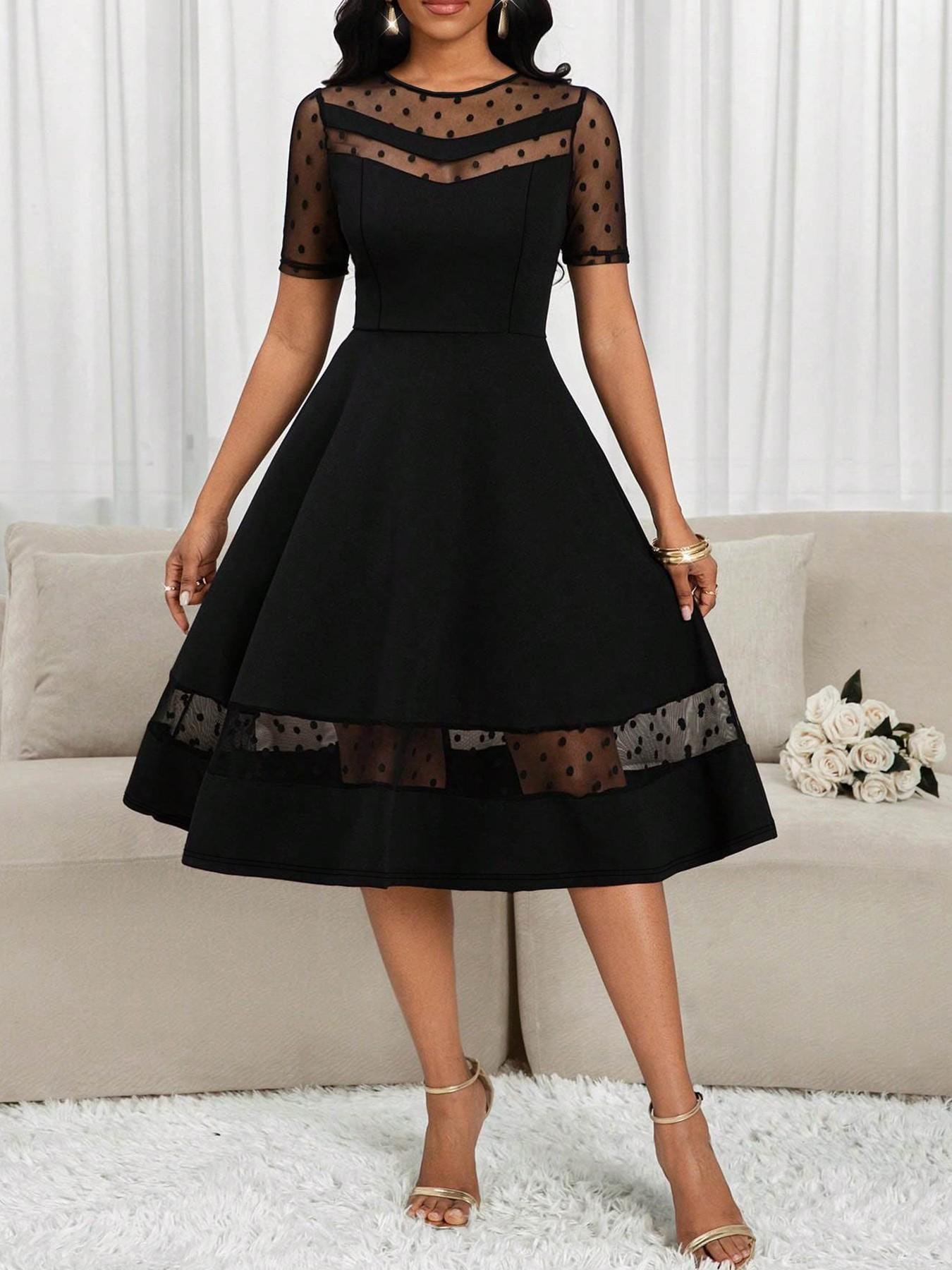 Spring Summer New Women's Elegant Solid Color Dress, Round Neck Short Sleeve Mesh Polka Dot Patchwork, Waist Cinched Slim Fit Midi Dress