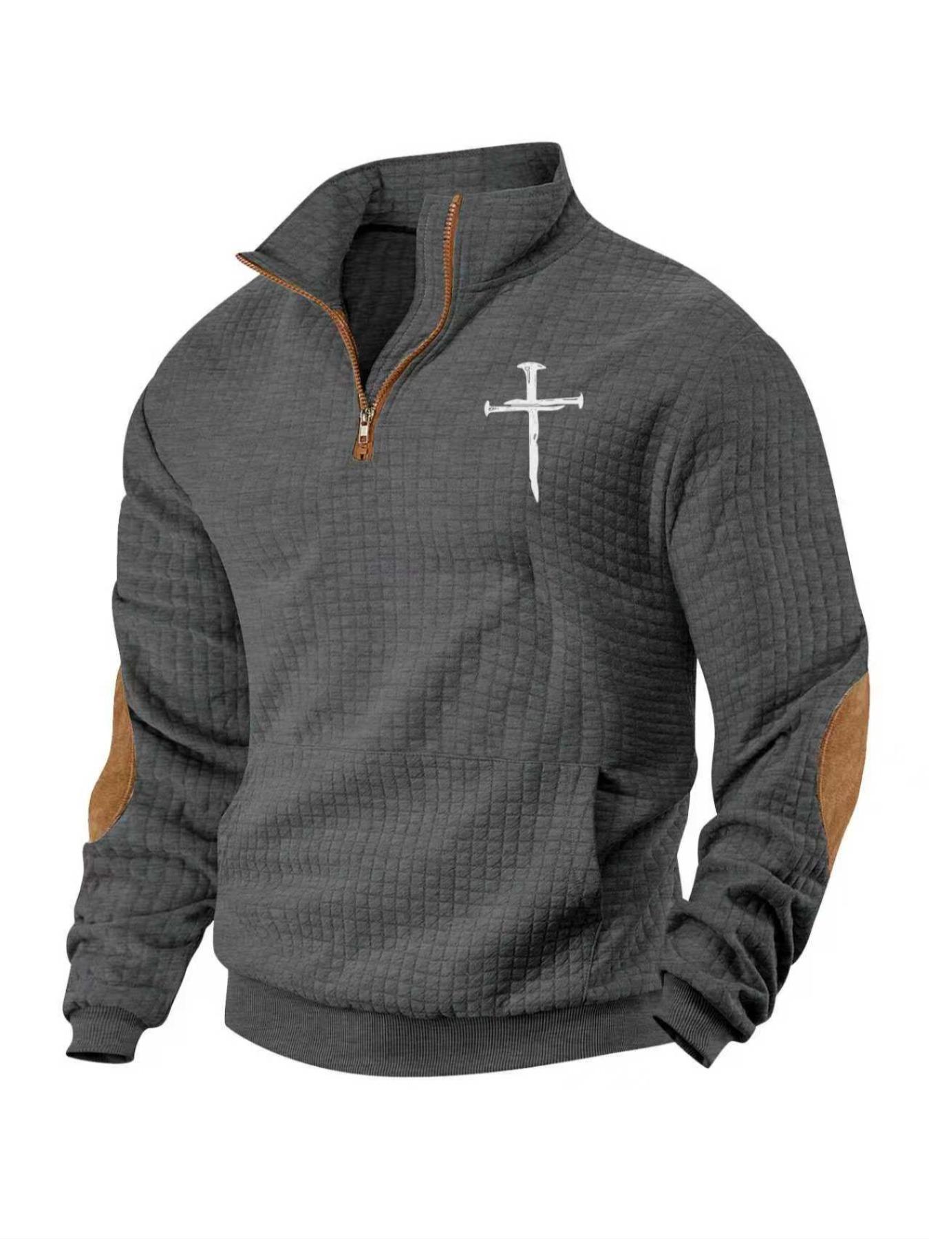 Men's cross-print plain color waffle weave hoodie, long-sleeve stand-up collar pullover, Jesus cross print, quarter z design, winter hoodie, daily holiday wear, street style casual outfit, suitable for spring, autumn and winter seasons.