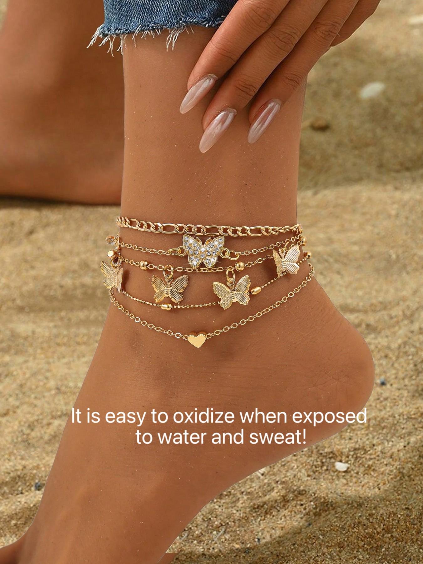 Set of 4 Boho Anklets for Women, Wearable Jewelry, Jewelry, Jewelry Accessories, Multi-Layer Beaded Anklet Set with Butterfly & Heart Designs, Embellished with Synthetic Diamonds, For Summer Holidays, Beach Parties & Bikini Outfits, Foot Jewelry