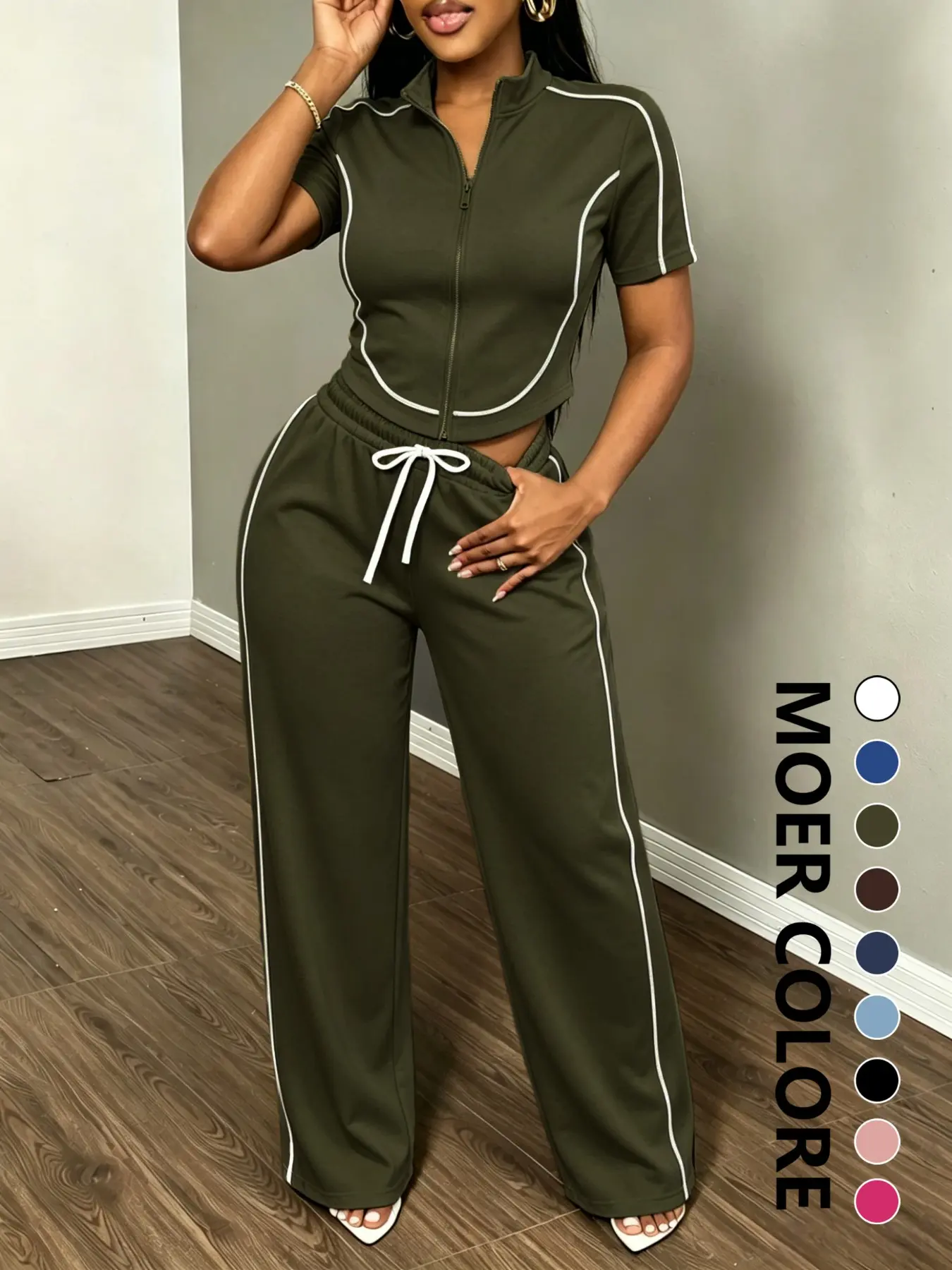 Women's Spring Fall Sporty, Fitted Zipper Top & Wide Leg Pants, Casual Daily Wear, Outdoor Activities, Multiple Colors Available, Sport Knit Set