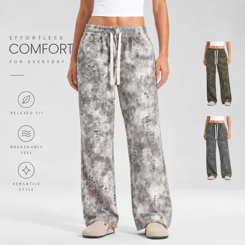 Women's Tie-Dye Ripped Wide-Leg Corduroy Sweatpants Multi Pack, elastic waistband with adjustable drawstring, loose draped wide-leg trousers, side pockets, wearable in autumn and winter, perfect for streetwear, hip-hop style and daily casual outfits