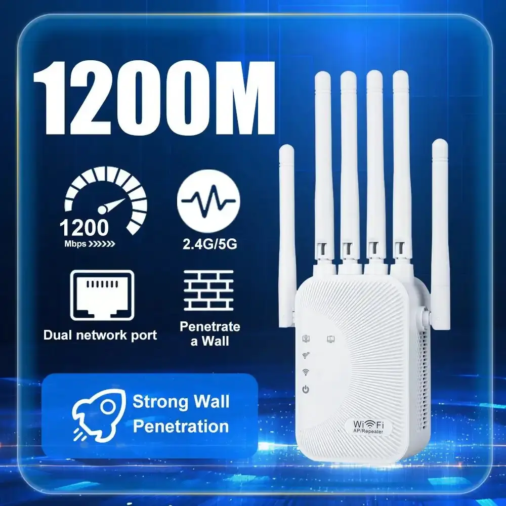 1200Mbps Dual-Band 2.4G/5G WiFi Repeater with Dual Network Ports, 802.11ac Wall-Penetrating Device for Home Use, Network Amplifier That Boosts WiFi Signal (Supports 32 Devices)